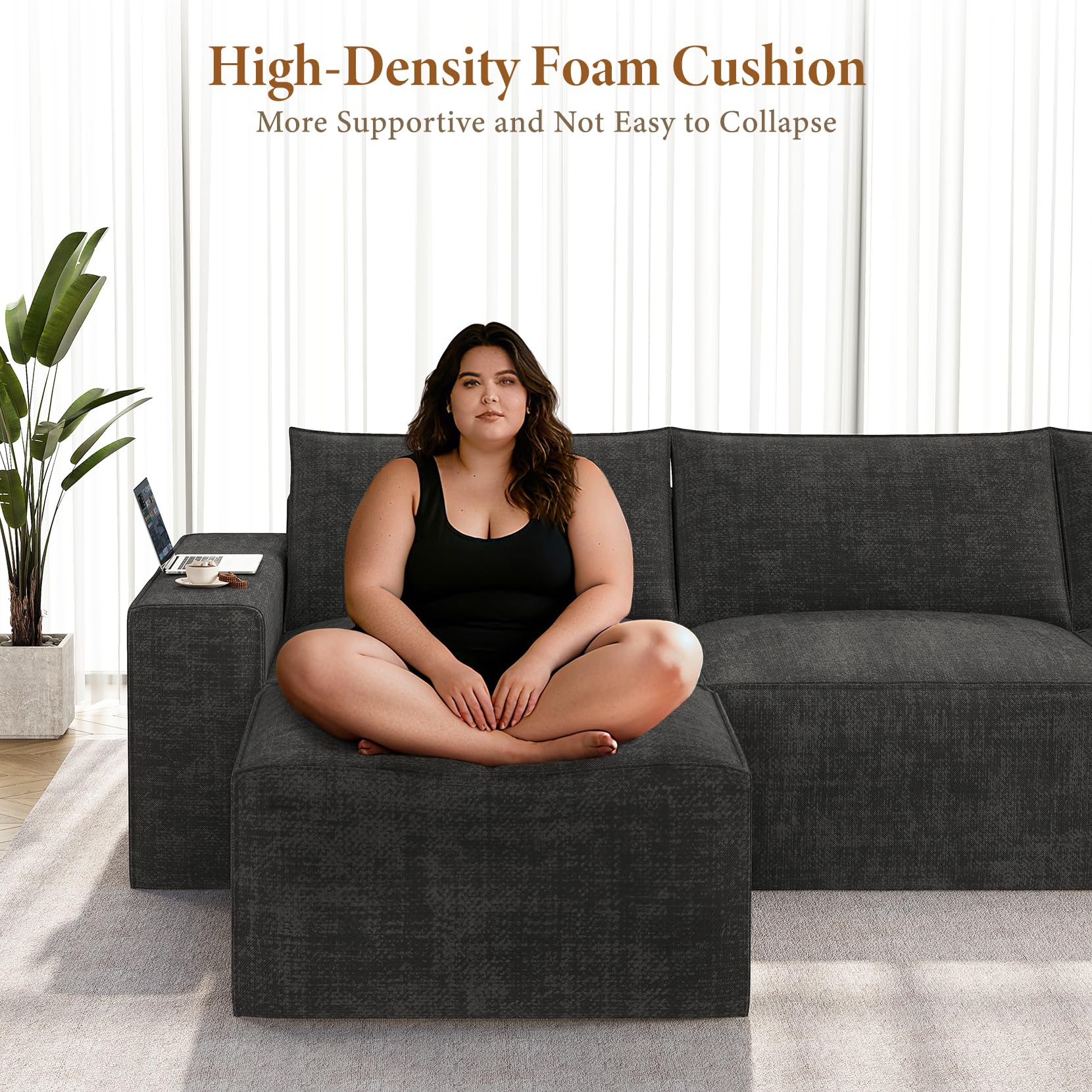 Vesgantti 114" L Shaped Boneless Couch, Deep Seat Sectional Sofa, Black | Oversized 3 Seater Modular Couch with Ottoman, Cloud Sofa for Living Room, No Assembly Required, Free Combination, Chenille
