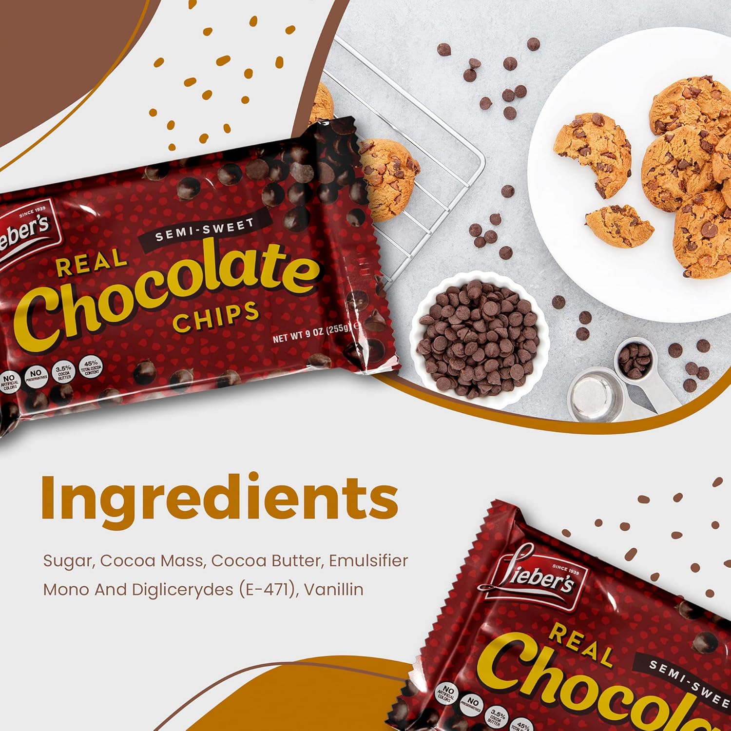 Lieber’s Vegan Semi-Sweet Real Chocolate Chips, 9 oz – Gluten Free, Dairy Free, Kosher Parve, Low Calorie Chocolate Chips for Baking (9 Oz Pack Of 6)