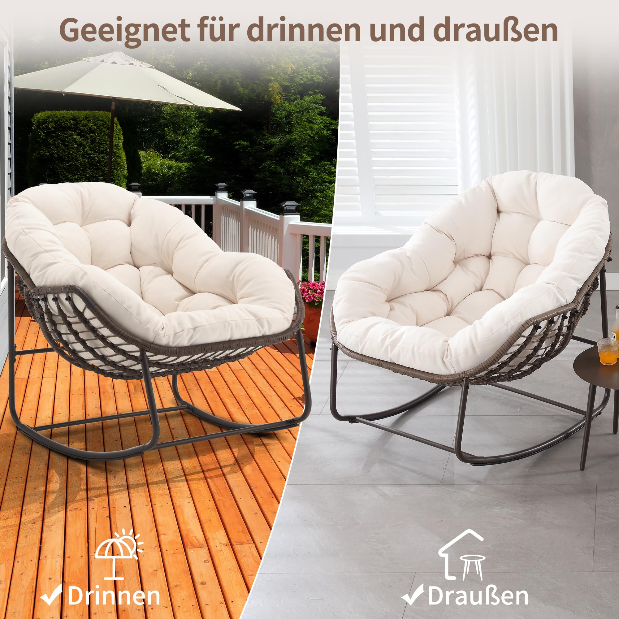 Outdoor Patio Schaukelstuhl-Set aus 2, Überdimensionierter Papasan-schaukelsessel für Innen mit Gepolstertem Kissen - Ei-Schaukelstuhl für Wohnzimmer, Veranda, Garten, Terrasse, Hinterhof