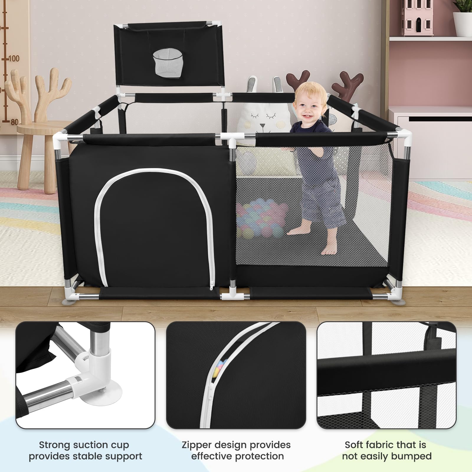 Parc Bébé,d'Activité pour Enfants avec Base,Modulable,Pliable,Grand parc pour enfant en bas âge Avec Porte Zippée,Basketball Rack,Avec 4 Ventouses avec Grille de Protection-126 * 126 * 66cm-Noir
