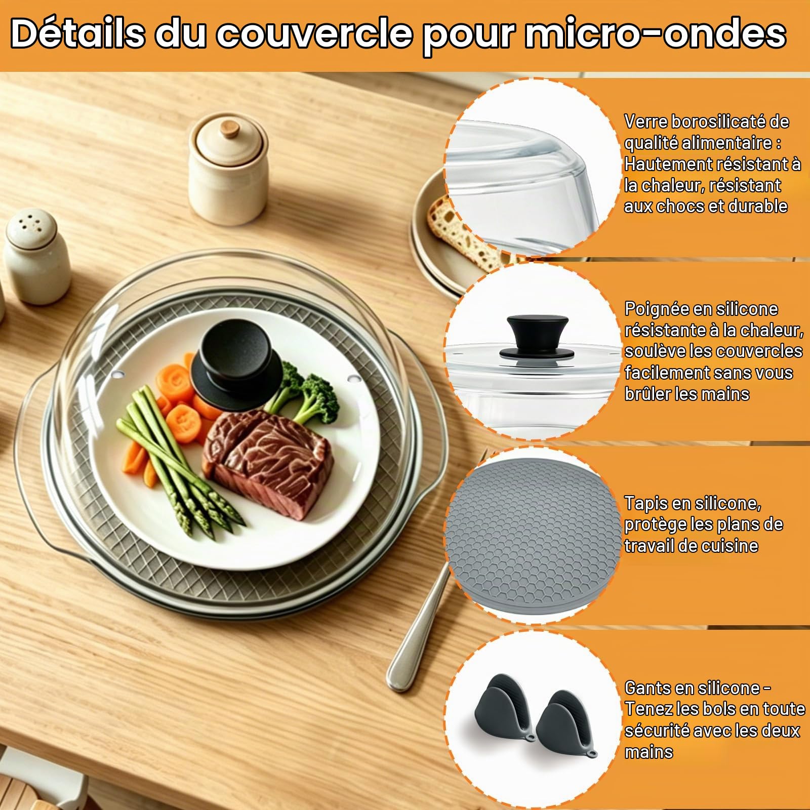 Couvercle Micro Ondes Verre: Protection Anti-brûlure pour Micro-ondes Avec Poignées en Silicone-Couvercle pour Micro-ondes Avec Double Trou d'aération-pour Assiettes et Bols Sans BPA