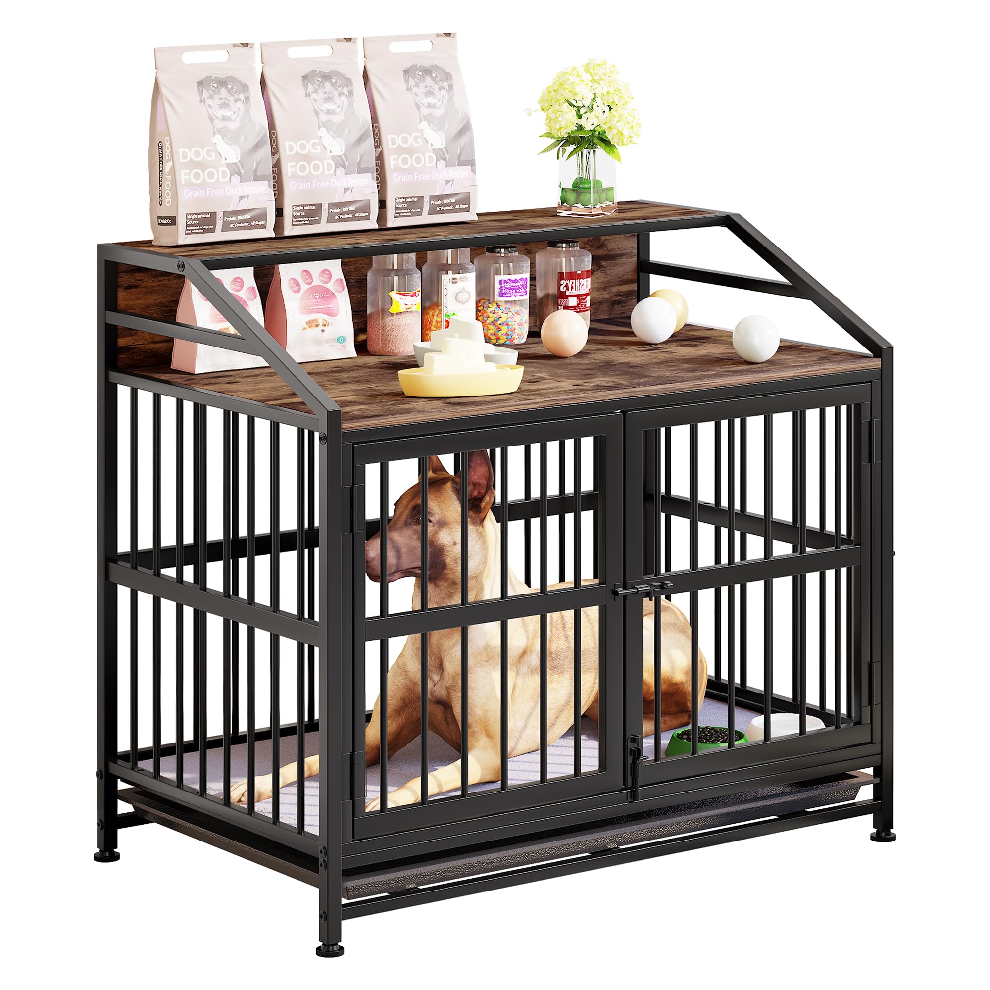 MUZERUL Dog Crate Furniture, Double Door Wooden Dog Crate,Heavy Duty Dog Cage for Large Dogs, Indoor Kennel with Washable Blanket and Removable Tray,End Side Table Animal Crates,Rustic Brown