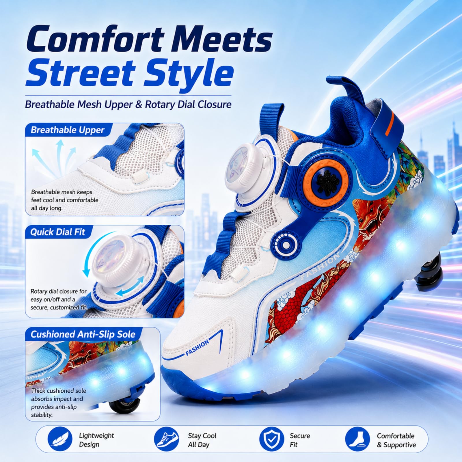 JJDFW 2-in-1-Schuhe für Kinder, zweireihig, abnehmbar, mit LED-Lichtern, Mesh-Obermaterial mit Drehverschluss und Drachen-Druck, 2-in-1-Schuhe, Weiß, Rot, Weiß, Blau