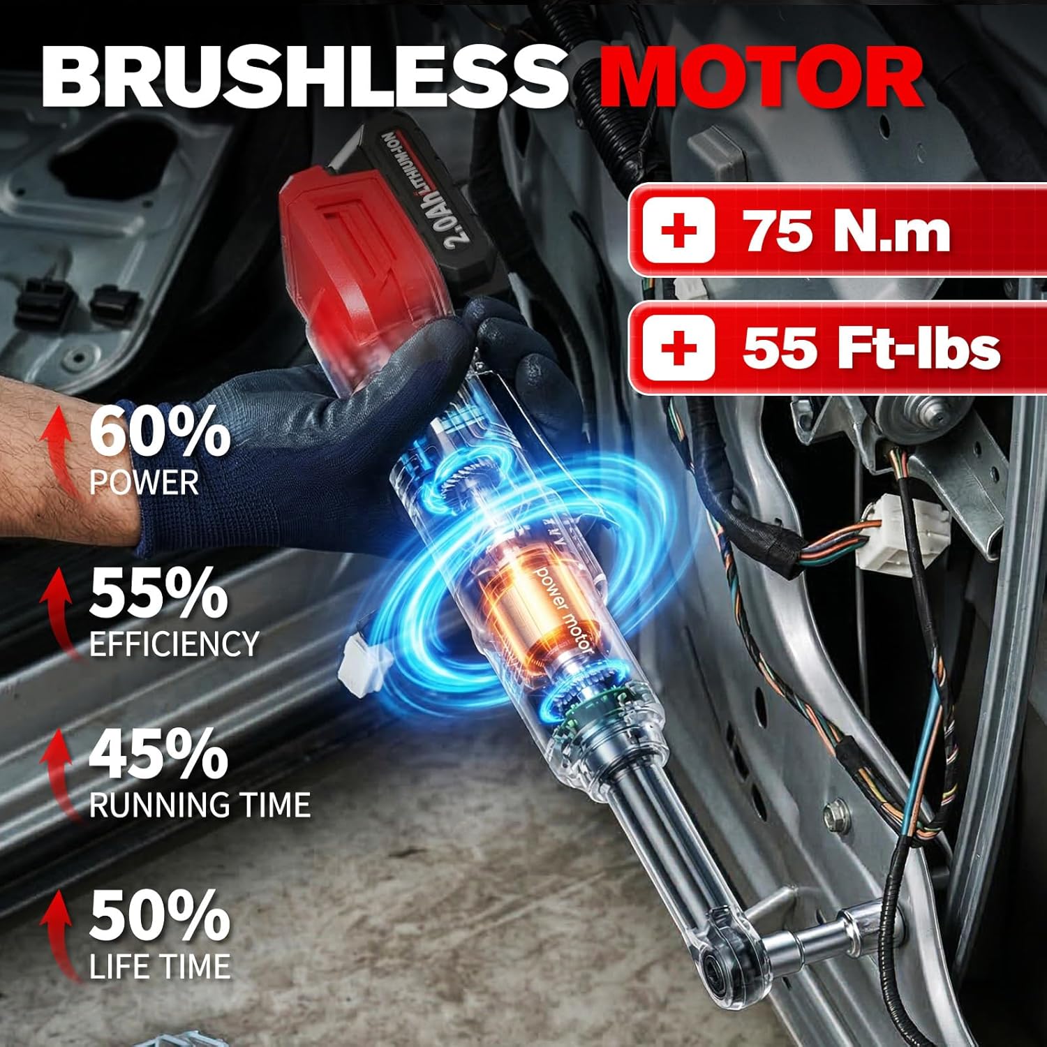 FULLYEA 3/8" Electric Ratchet Wrench Cordless, 21V Brushless Ratchet Wrenches with 3" Extension Bar, 7 Sockets, LED Light, Power Torque Ratchet Tool Set with 2 * 2.0Ah Batteries & Charger
