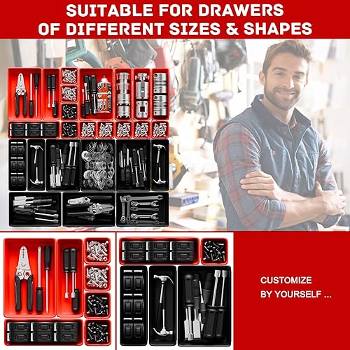 Miniatura 4 de Toolbox - Bandejas organzier, organizador de cajones de herramientas con almohadillas de EVA, 47 bandejas entrelazadas negras y rojas para banco de