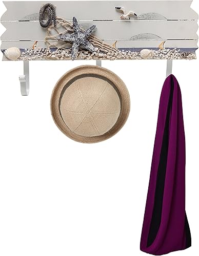 Miniatura 4 de Perchero de madera con 3 ganchos de metal con diseño de mar y playa, con estrellas de mar, gaviotas y conchas de mar
