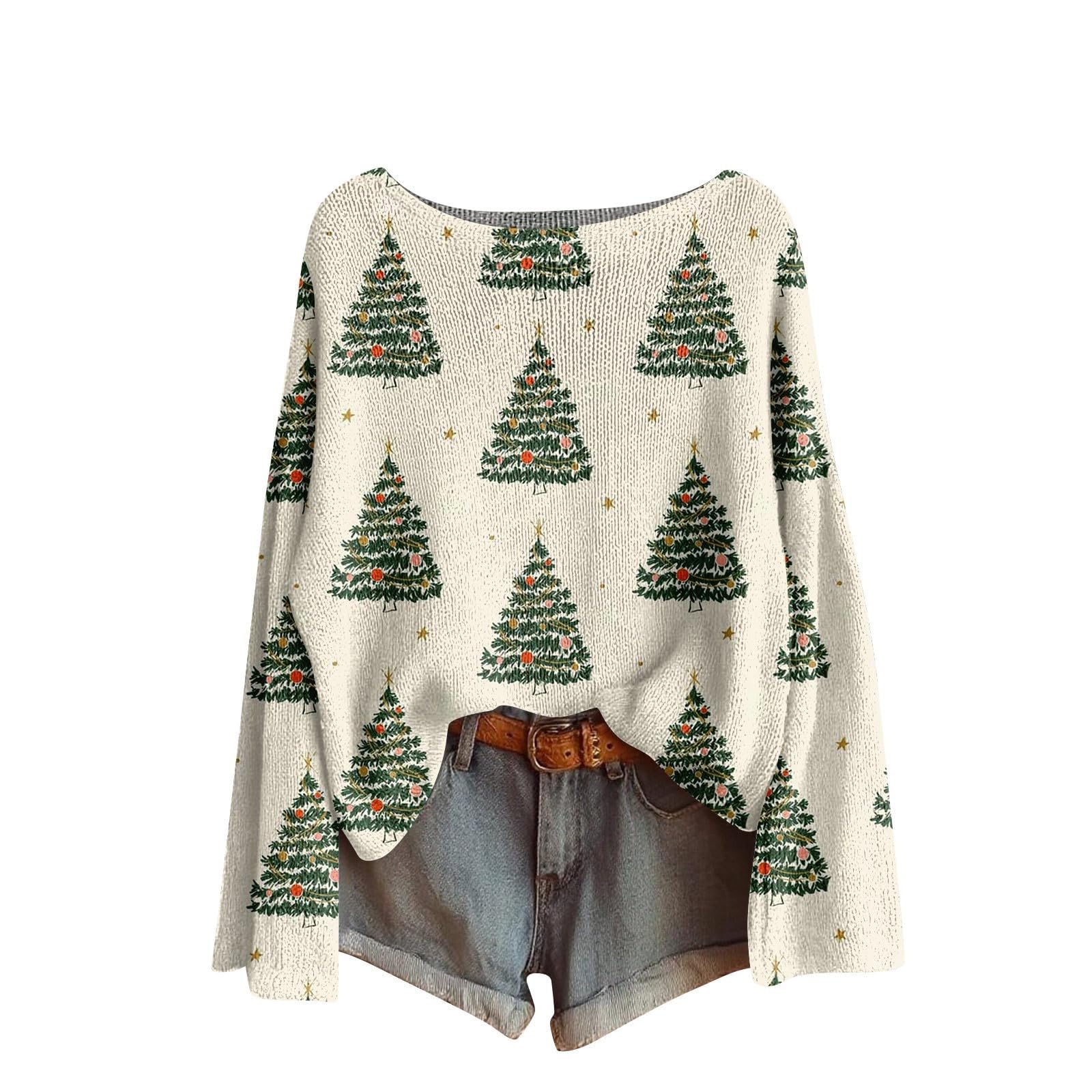 Christmas Sweaters for Women Teen Girls Boat Neck Ugly Sweaters Pullovers Long Sleeve Boho Tops Xmas Holiday Clothes
