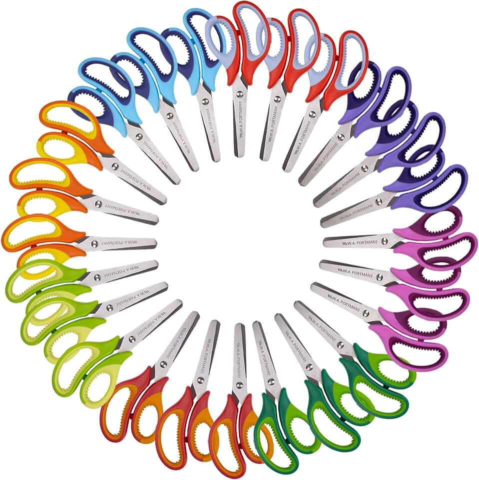 WA Portman 24 Pk Blunt Scissors for Kids - 5-Inch Blunt Tip Kids Scissors Bulk Classroom - Back to School Supplies - No-slip Grip