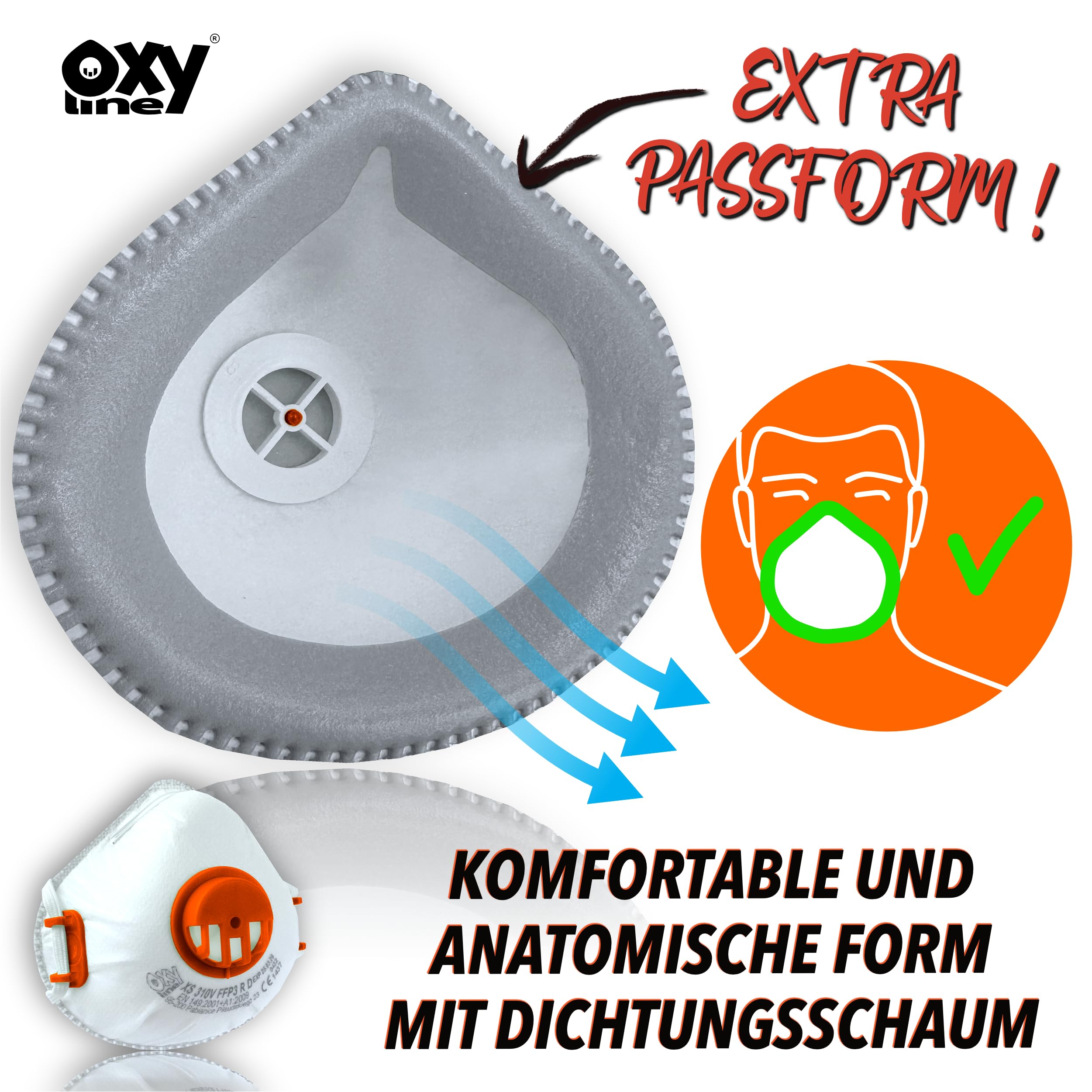 XS 310 V FFP3 R D Wiederverwendbare Halbmaske Staubmaske Atemschutzmaske Schutzmaske mit Ventil, EXTRA FIT 10 Stk