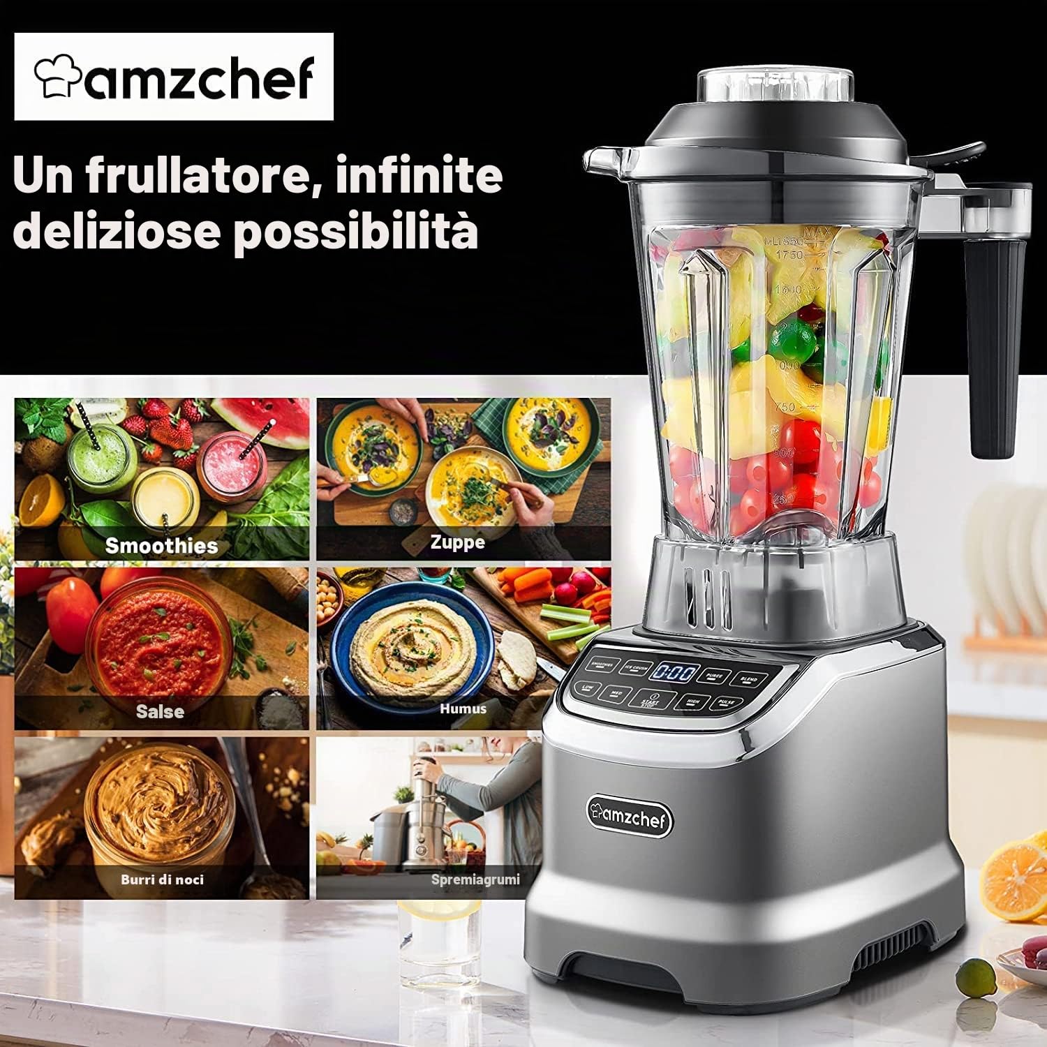 AMZCHEF 2-IN-1 Frullatore Professionale 2000W con Contenitore da 1850 ml e 600 ml per Due Modalità di Frullatura - 2000W Frullatore Tritatutto Multifunzione con Tamper e 6 Lame - Grigio Opaco