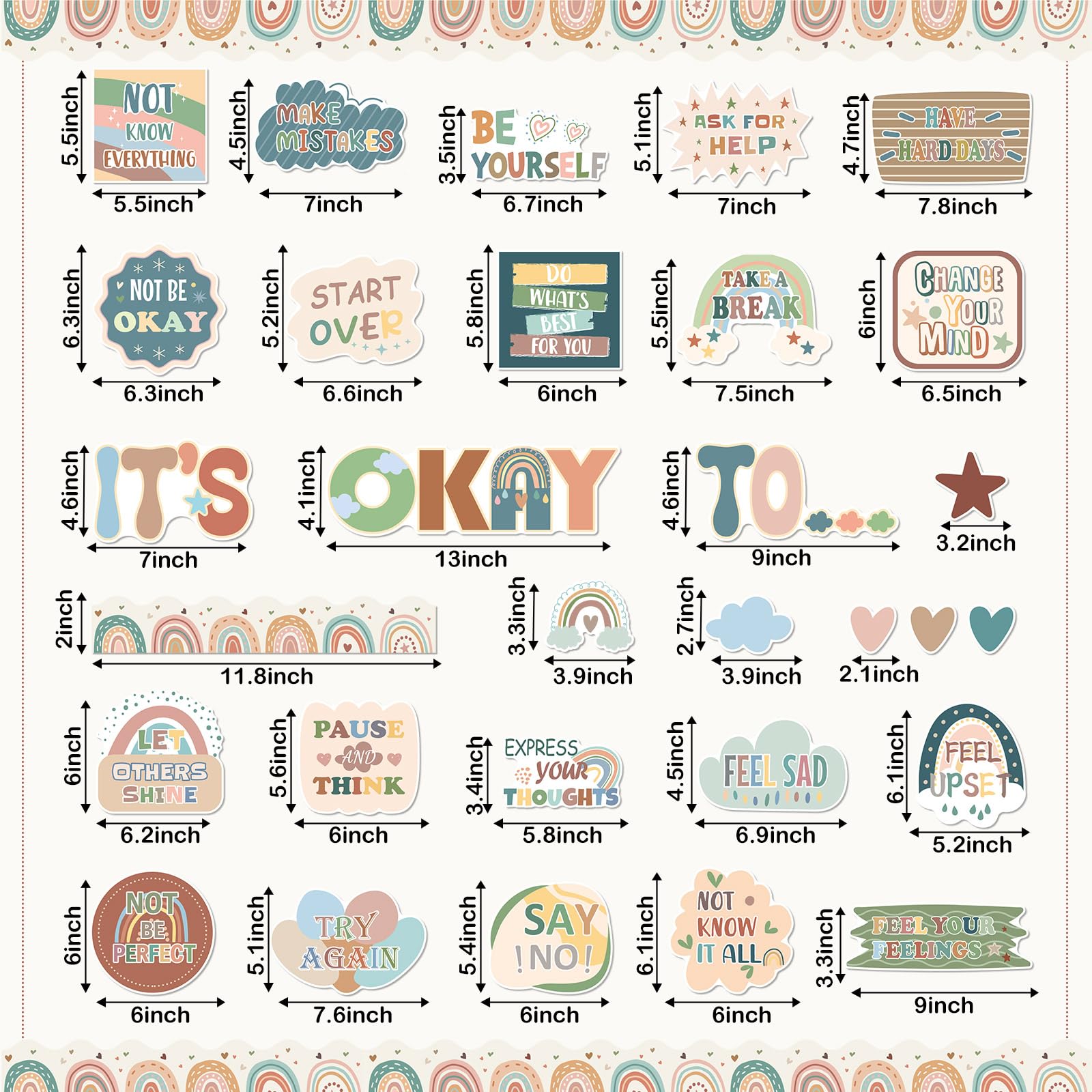 Weekgrat Pinnwand-Set „It‘s Okay“ – 65 Teile Mit Positiven Sprüchen Für Büro, Schule & Klassenzimmer (Boho Stil)