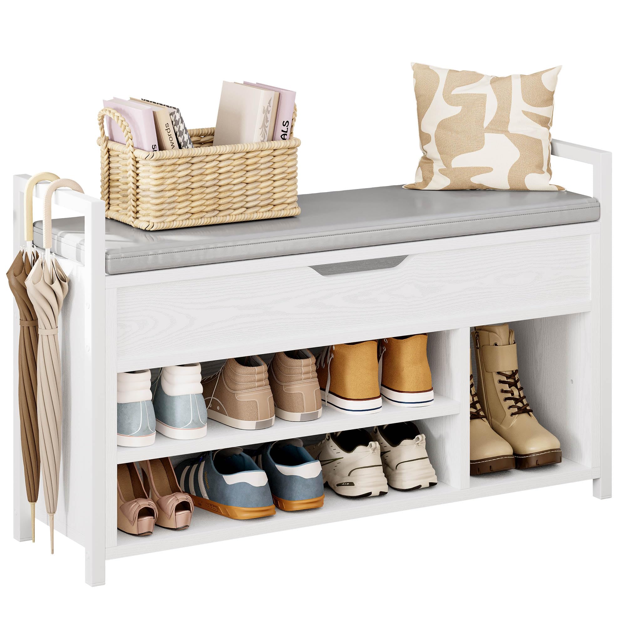 IRONCK Schuhbank mit Sitzfläche, Sitzbank mit Stauraum, Schuhschrank, offene Fächer, Metall Rahmen, Kunstleder, 130kg belastbar, Schuhregal für Eingang,Flur,Wohnzimmer,Schlafzimmer (Weiß)