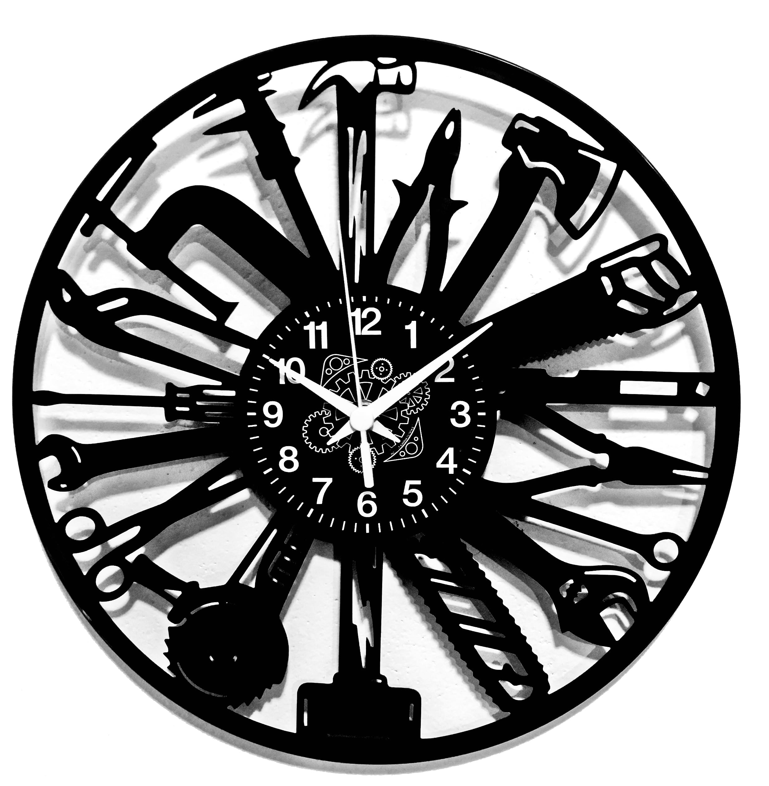 Instant Karma Clocks | Carpenter Wall Clock with Tools and Workshop Design – Silent No-Ticking | Perfect for Bedroom, Office, Studio, Cabin, Living Room – Unique Decoration