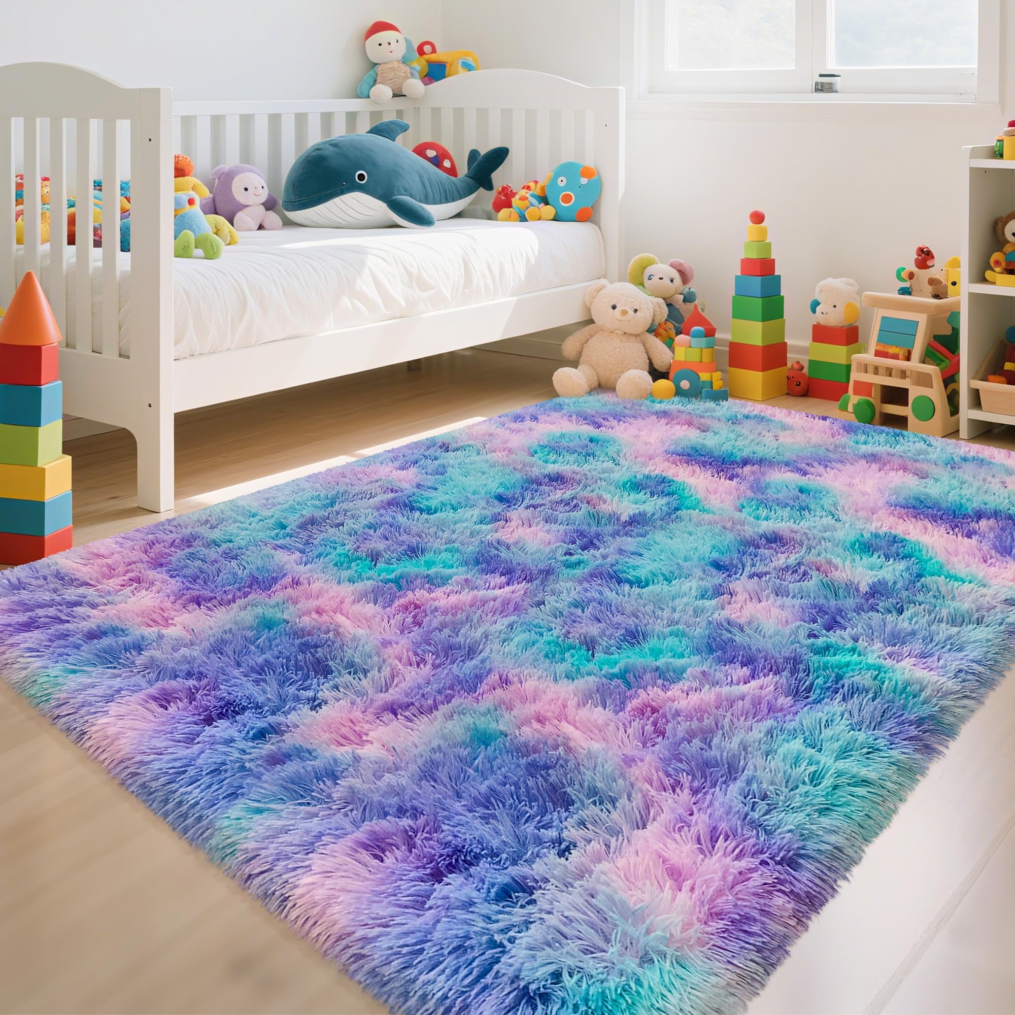 Moquette douce à poils longs pour chambre de filles, tapis pelucheux et coloré pour chambre de filles, tapis de jeu à poils longs pour chambre d'enfant, de bébés et de filles, 1,2 x 1,8 m,