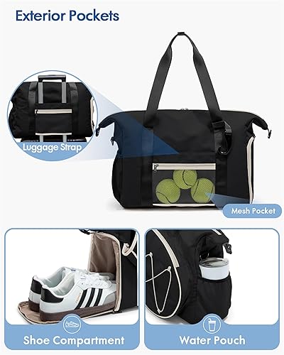 Miniatura 4 de Bolsa de viaje de tenis para mujer con bolsillo exterior para raqueta con cordón y compartimento separado para zapatos, bolsas de fin de semana con