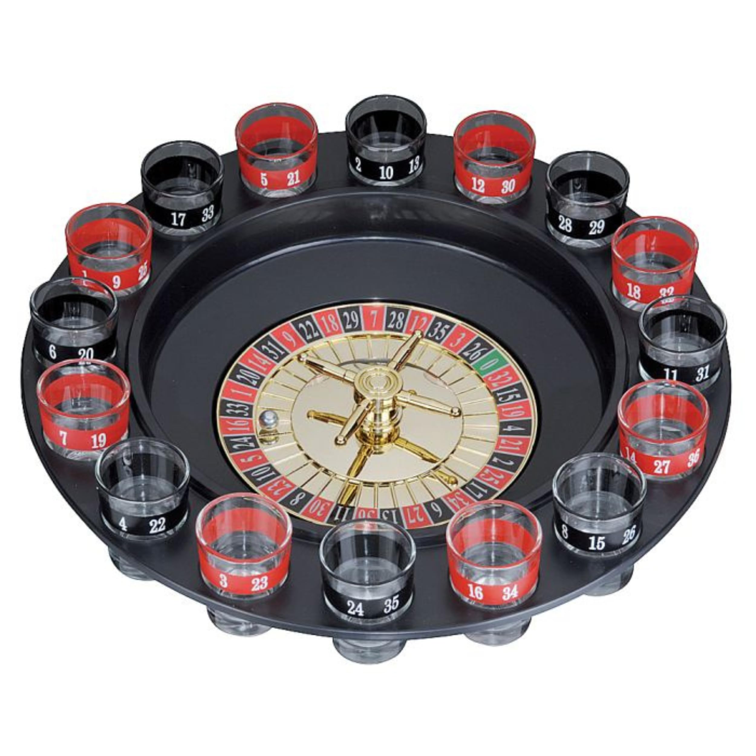 Glamified Drinking Games Party Fun with Roulette – 16 verres numérotés noirs et rouges – Jeu de roulette durable avec emballage sécurisé et 2 balles en métal