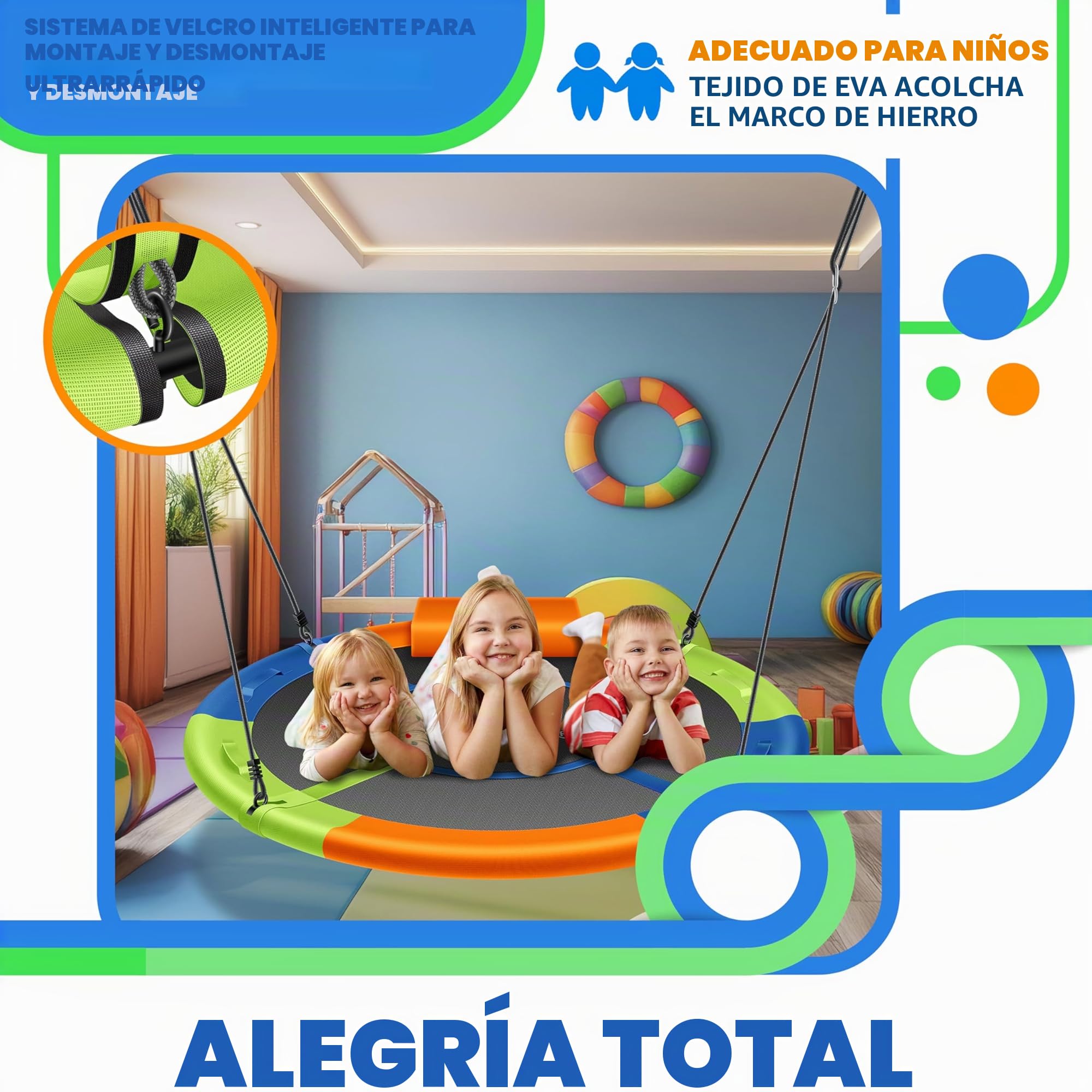 KESSER® Columpio nido, columpio redondo, diámetro de 100 cm, soporta hasta 300 kg, con cojín y 4 asas, ajustable, para interior y exterior, para niños y adultos, multicolor