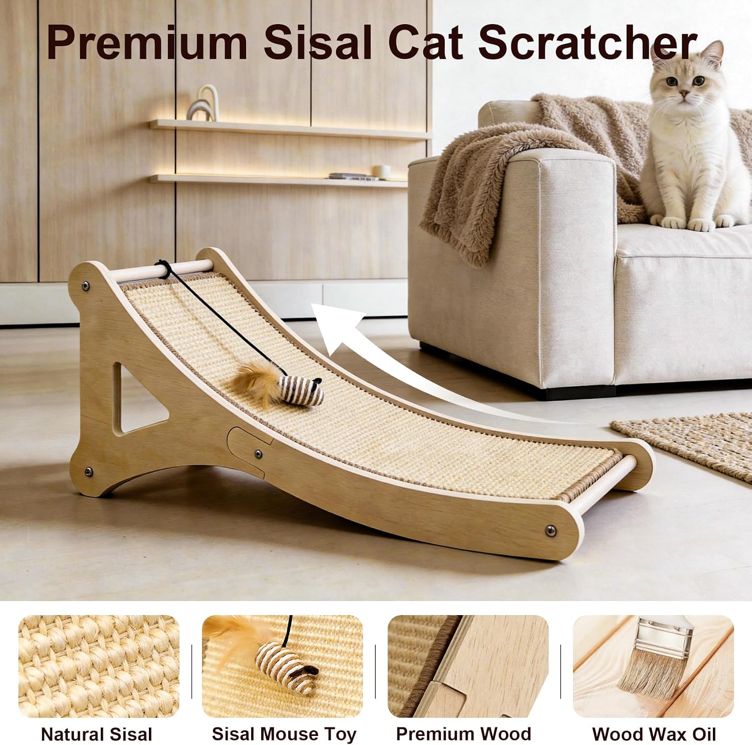 Sisal Cat Scratcher, 24" Wooden Cat Scratch Ramp, Climbing Vertical Scratch Pad with Feather Mouse Toy, Scratching Board for Indoor Cats, Scratcher Post for Couch, Wall Furniture Protector