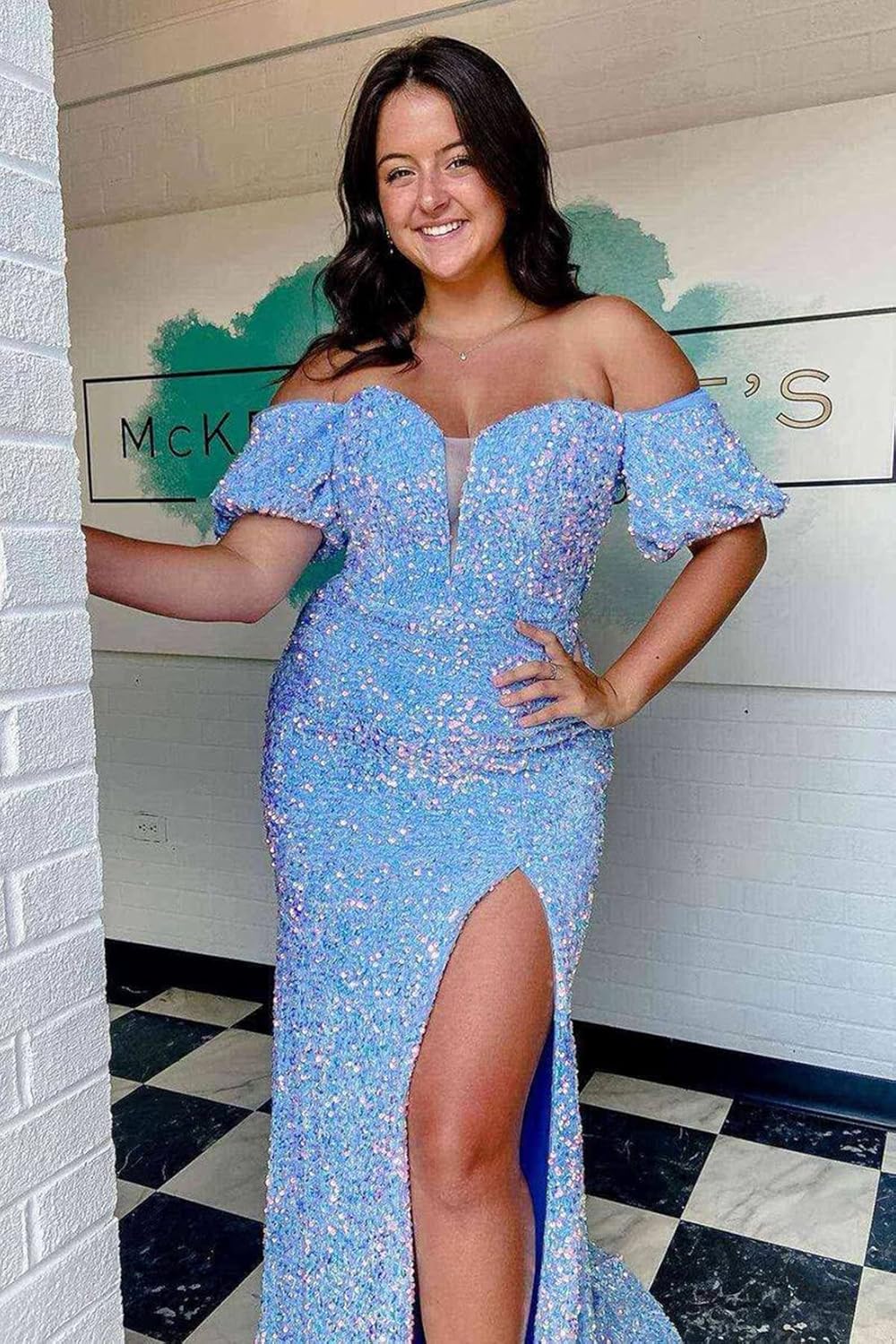 Off Shoulder Puffy Sleeve Mermaid Prom Dresses Long 2024 with Slit Sequin Formal Evening Party Gowns for Women