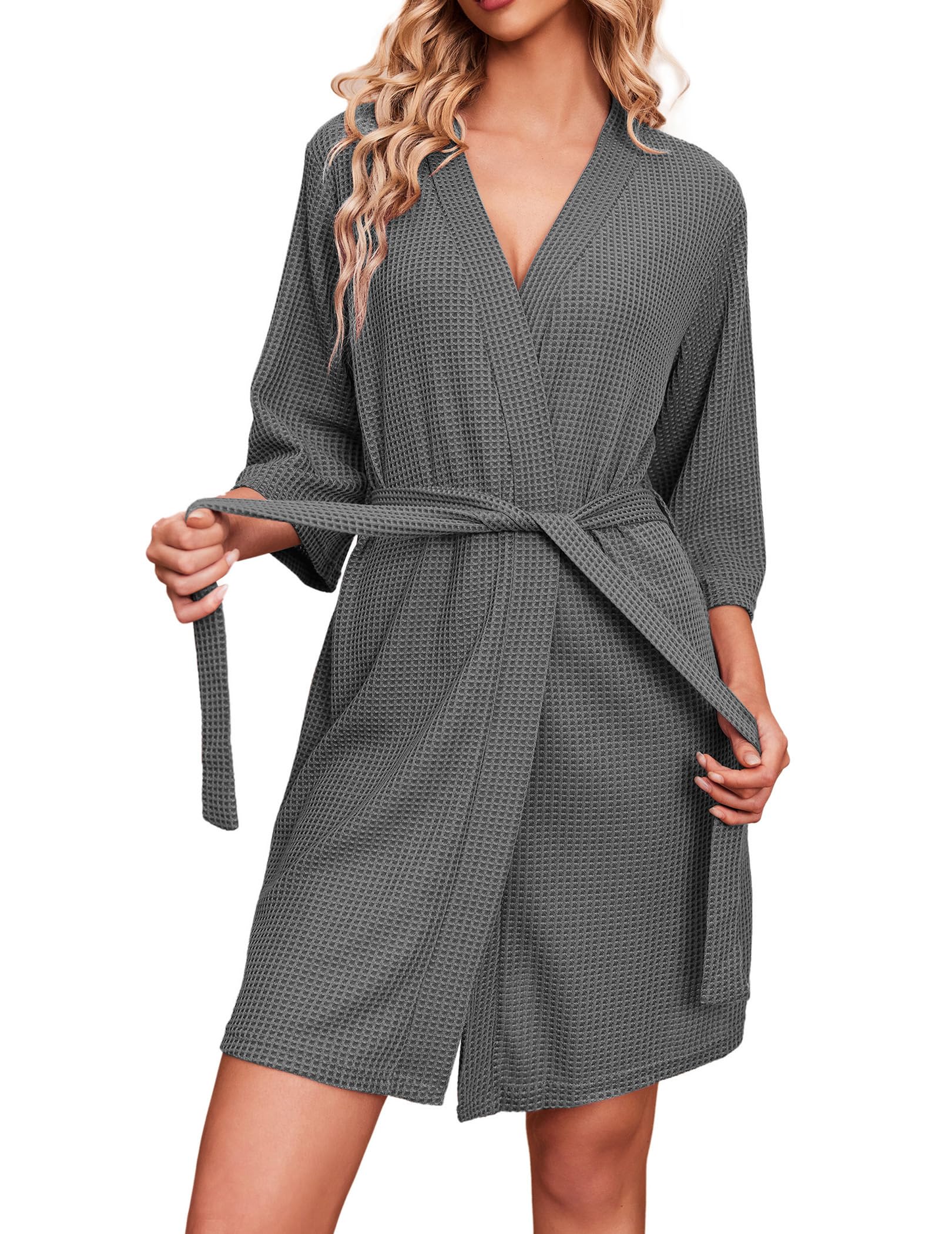 Ekouaer Bademantel für Damen Waffelstrick Morgenmantel Lässig Robe Hochzeit weich leicht knielang Loungewear S-XXL
