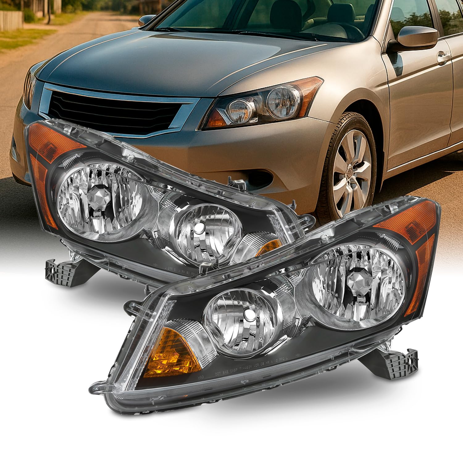 AKKON - Fits 2008 2009 2010 2011 2012 Honda Accord Sedan 4Door Black Headlights w/Amber Corner Signal Pair Left+Right