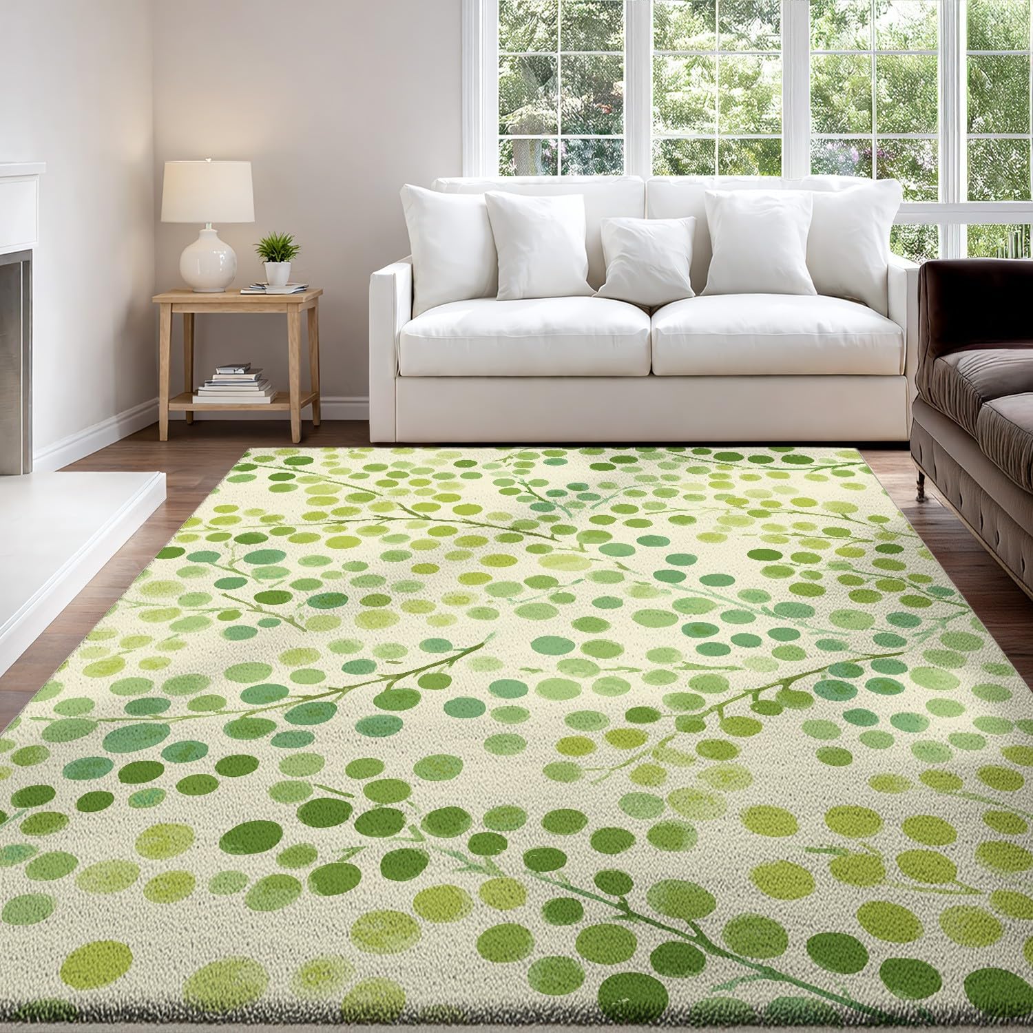Generyczna wycieraczka do użytku w pomieszczeniach, 160 x 230 cm, nadaje się do prania w pralce, nowoczesna, minimalistyczna, elegancka w kropki, kremowo-zielony, antypoślizgowy, z niskim runem do