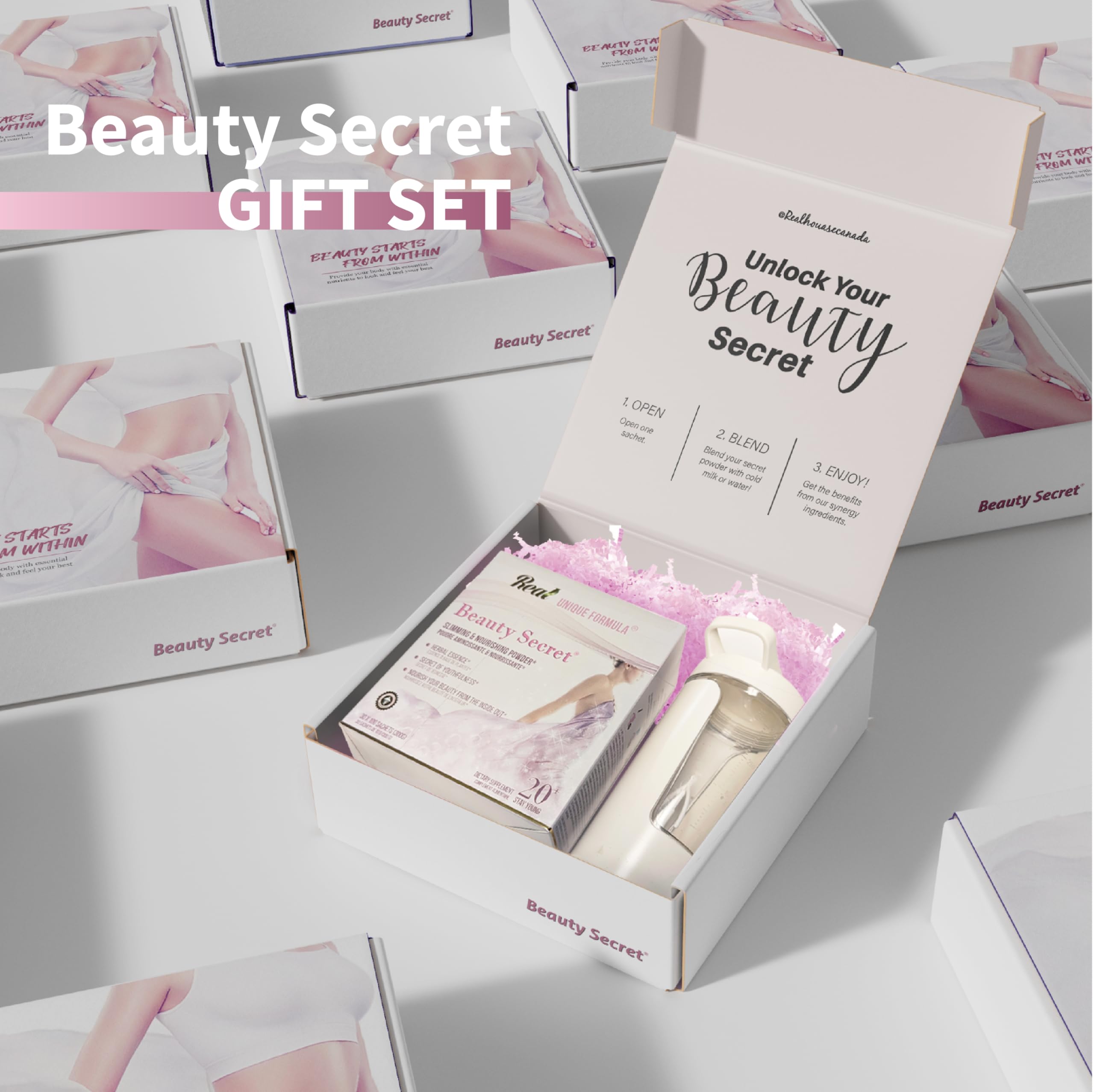 Unique Formula Beauty Secret Powder 20+ Gift Set | 30 Individual Stick Packs | Shaker Bottle | with Wild Canadian Chaga, Tamarind, Astaxanthin, Co Q10, Kale with Skin, Hair, Joint & Metabolism Support