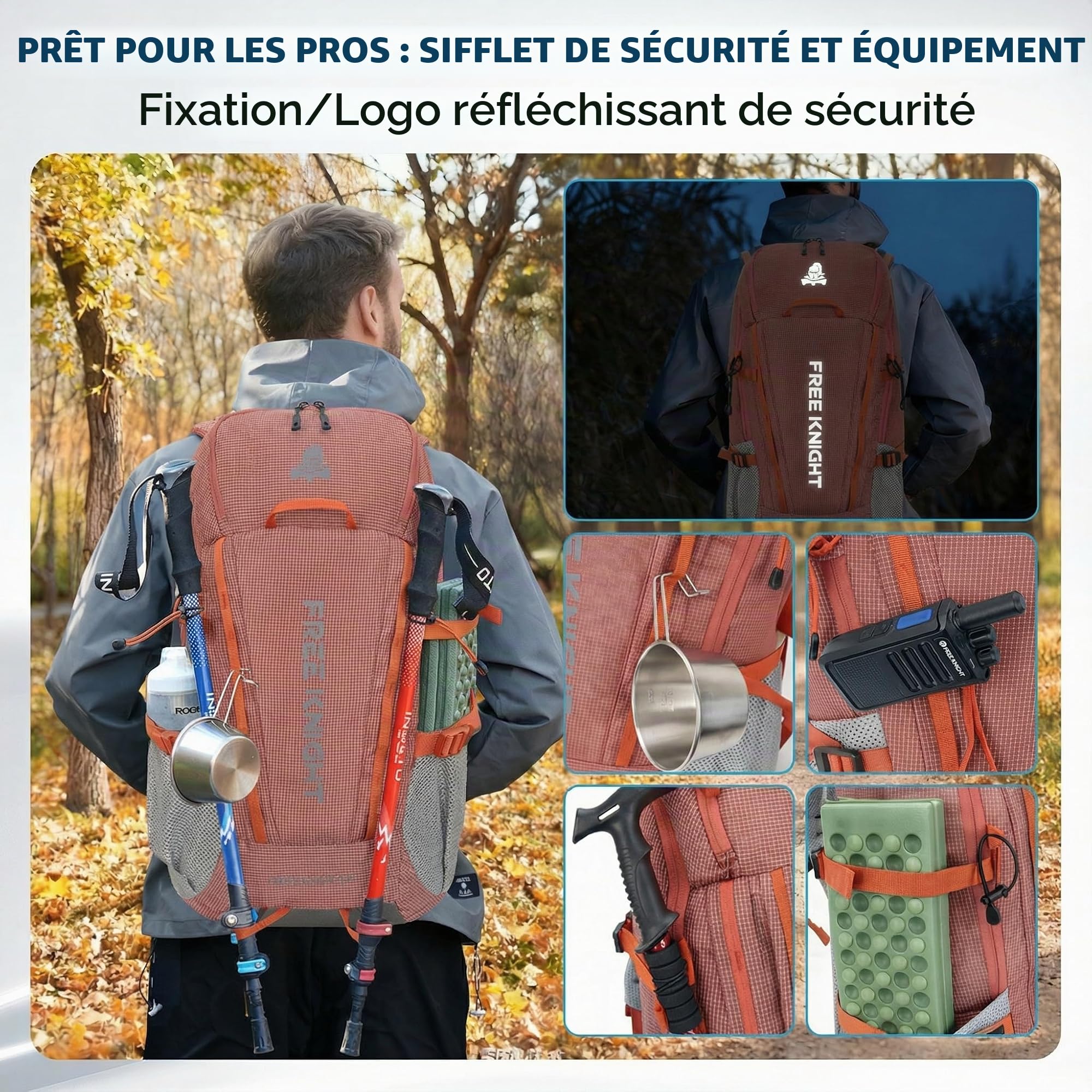 Bseash Sac à dos imperméable de 45 L avec housse de pluie, sac à dos de voyage pour escalade, ski, cyclisme