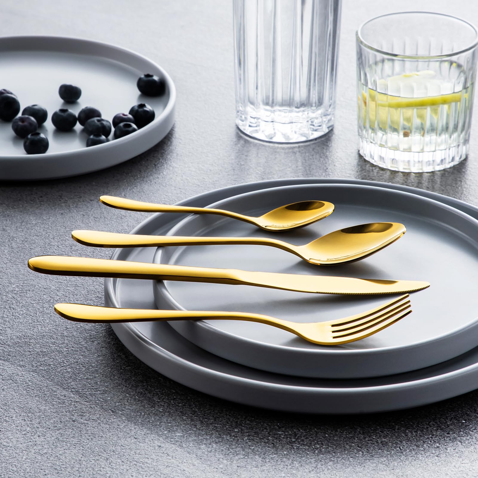 vancasso Besteck Gold Set 12 Personen, 48-Teilig Edelstahl Besteckset mit Messer/Gabel/Löffel/Dessertlöffel, 18/10 Edelstahl Besteckset Poliert mit Geschenkbox, Spülmaschinenfest
