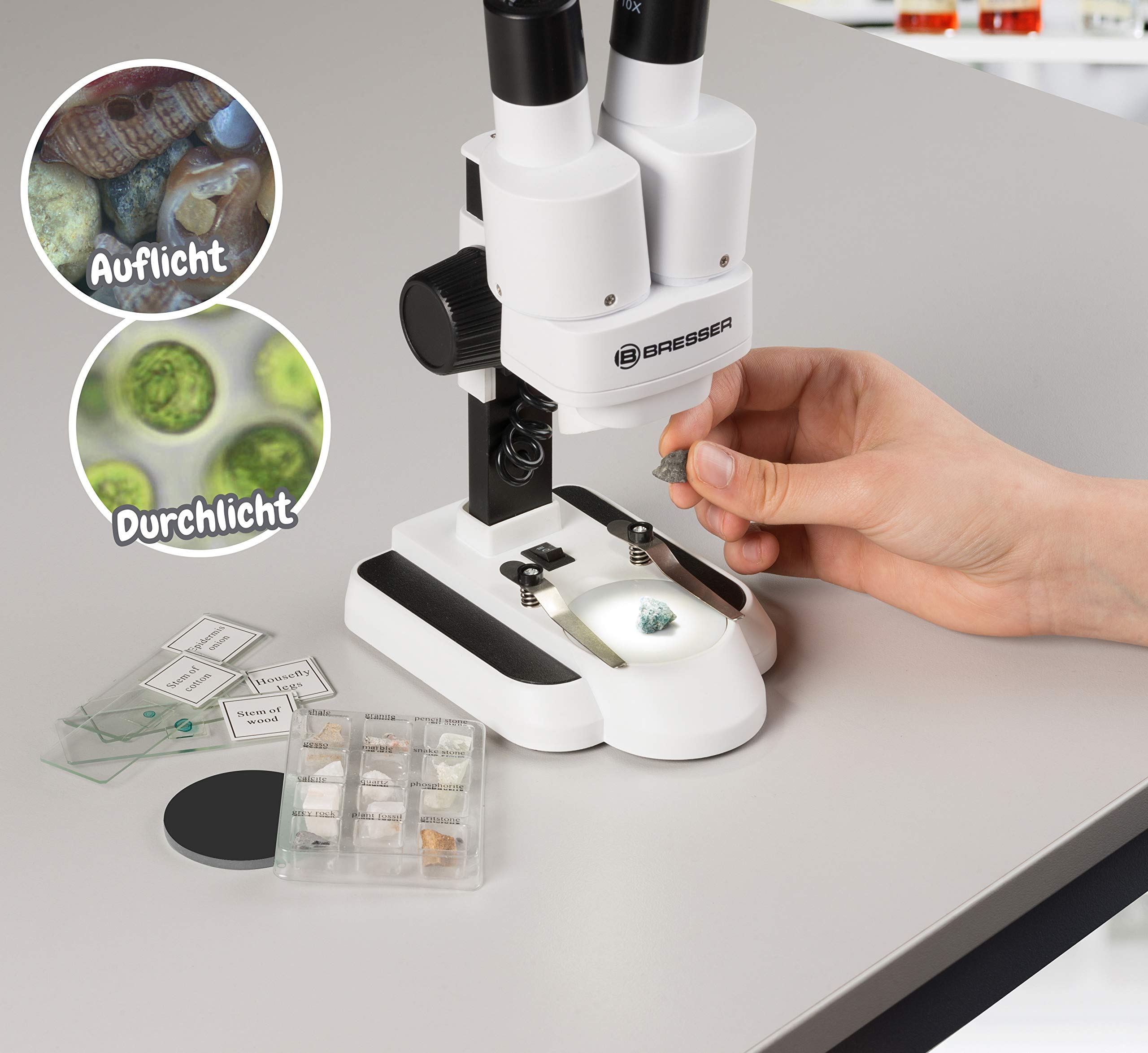 Bresser 8852001 Microscopio a Luce Trasmessa e Incidente con Ingrandimento 20x e 50x, bianco, 20x/ 50x