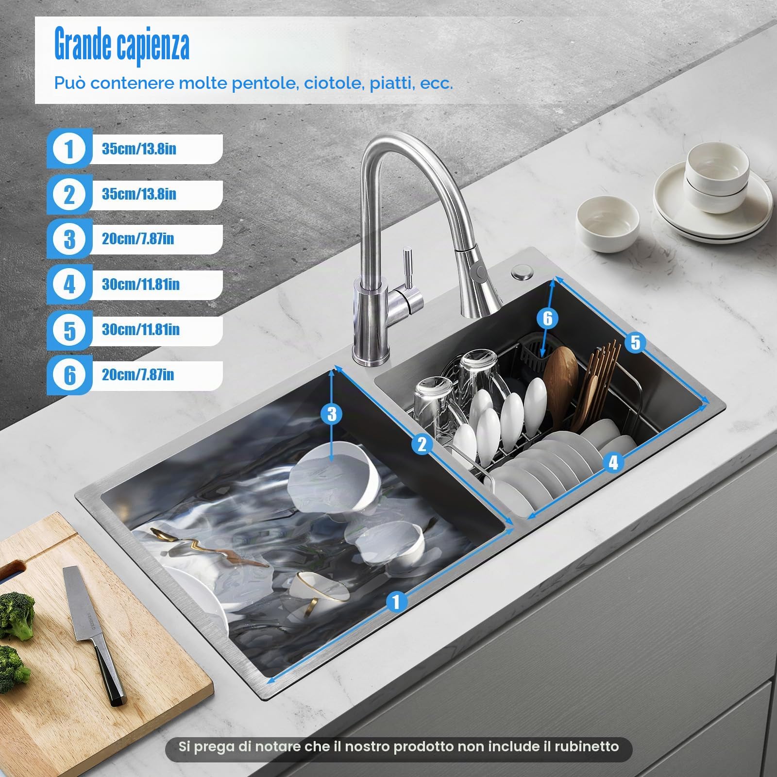 Lavello da cucina in acciaio inox, 78x43x21cm Lavello cucina 2 vasche, Drop In Lavandino con cestello di drenaggio