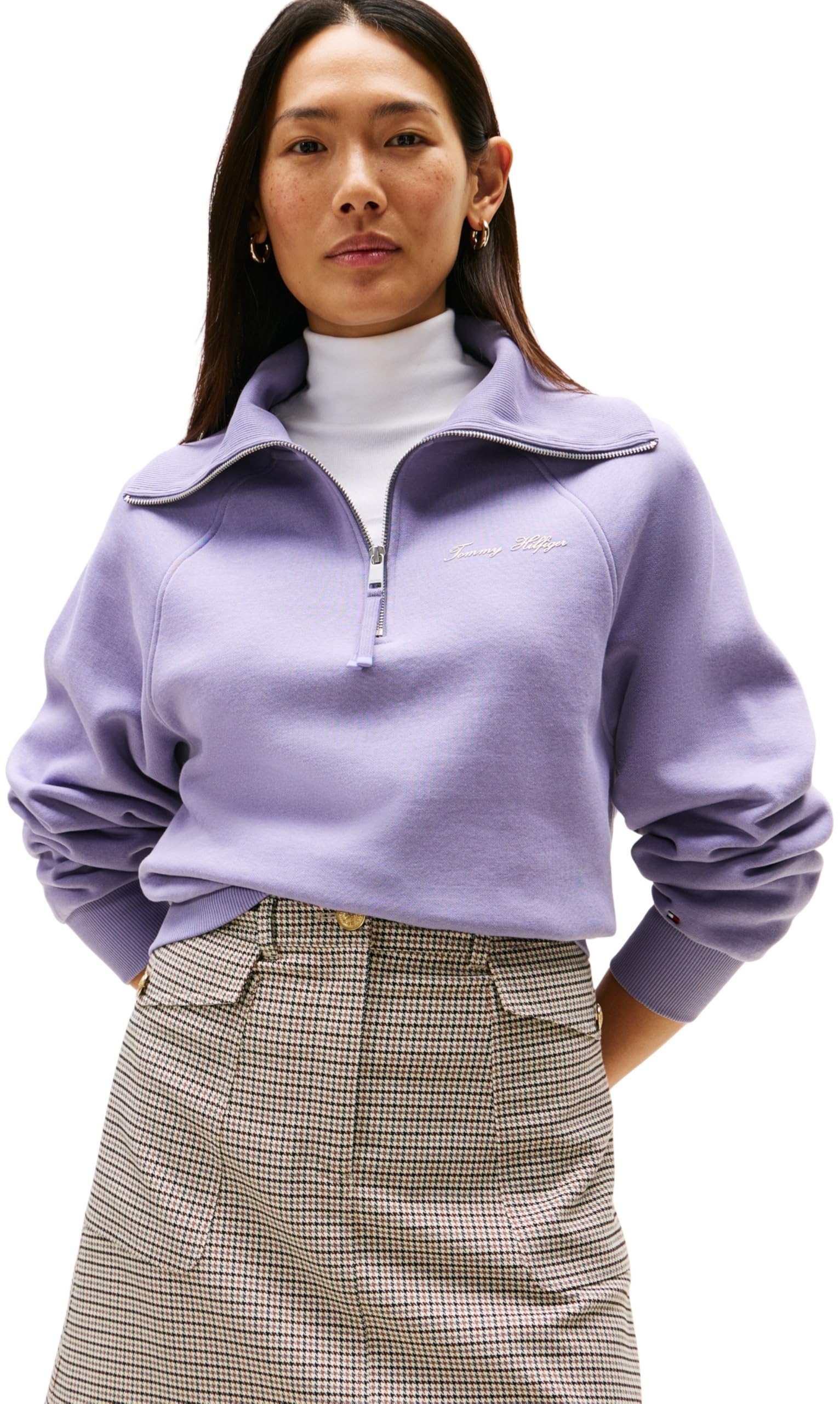 Tommy Hilfiger Damen Sweatshirt mit Reißverschluss Classic Script Fleece Half-Zip, Violett (Lavender Ash), XXXL
