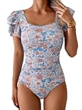 Women's Tummy Control One Piece Swimsuit Ruffle Square Neck Bathing Suit Ruched Cutout Back Slimming Swimwear