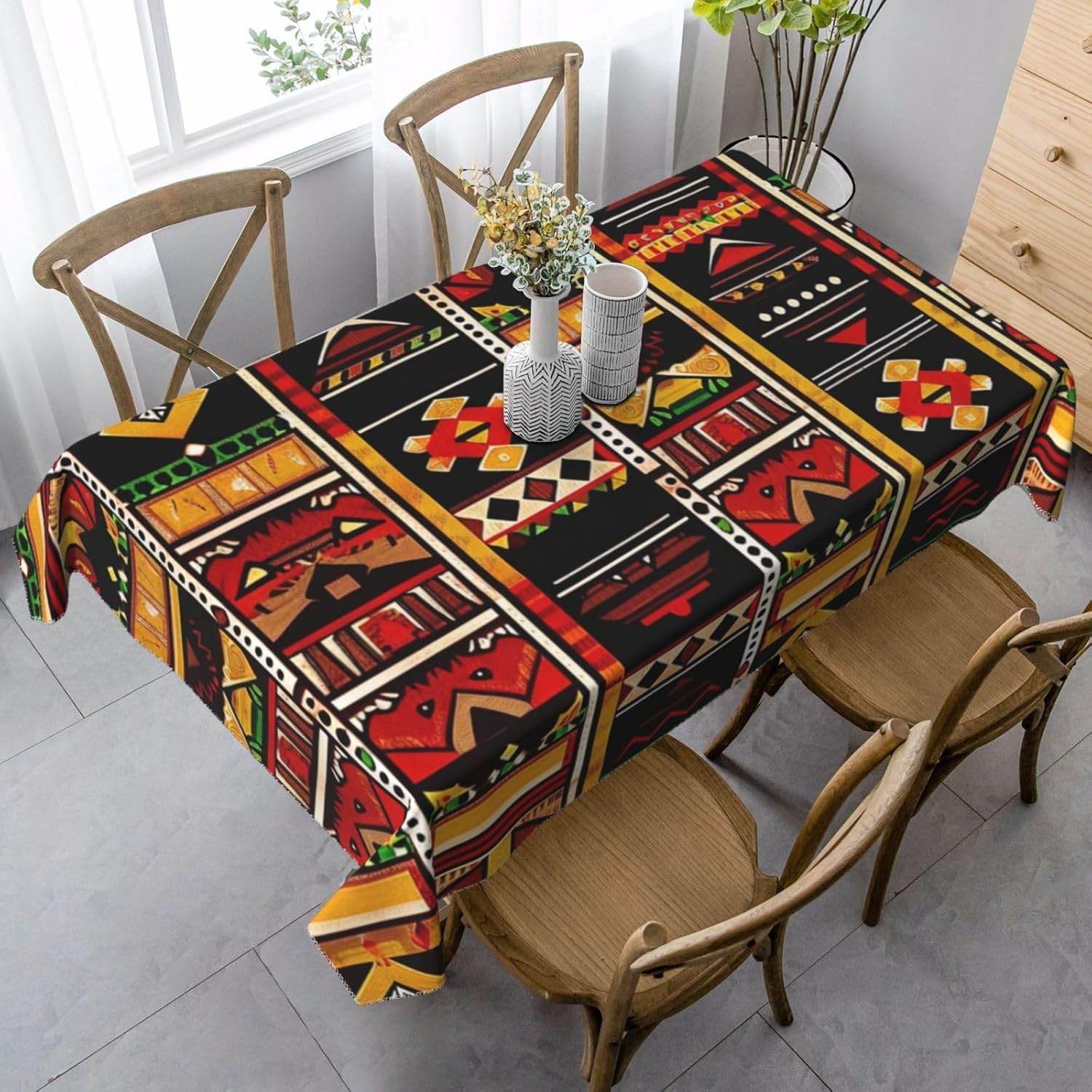 Tovaglia Retrò 300x150 Tovaglia Antimacchia Rettangolare Stile Africano Tovaglie lavabile Motivo Geometrico Copritavolo in Poliestere Impermeabile per Cucina Feste A-7944