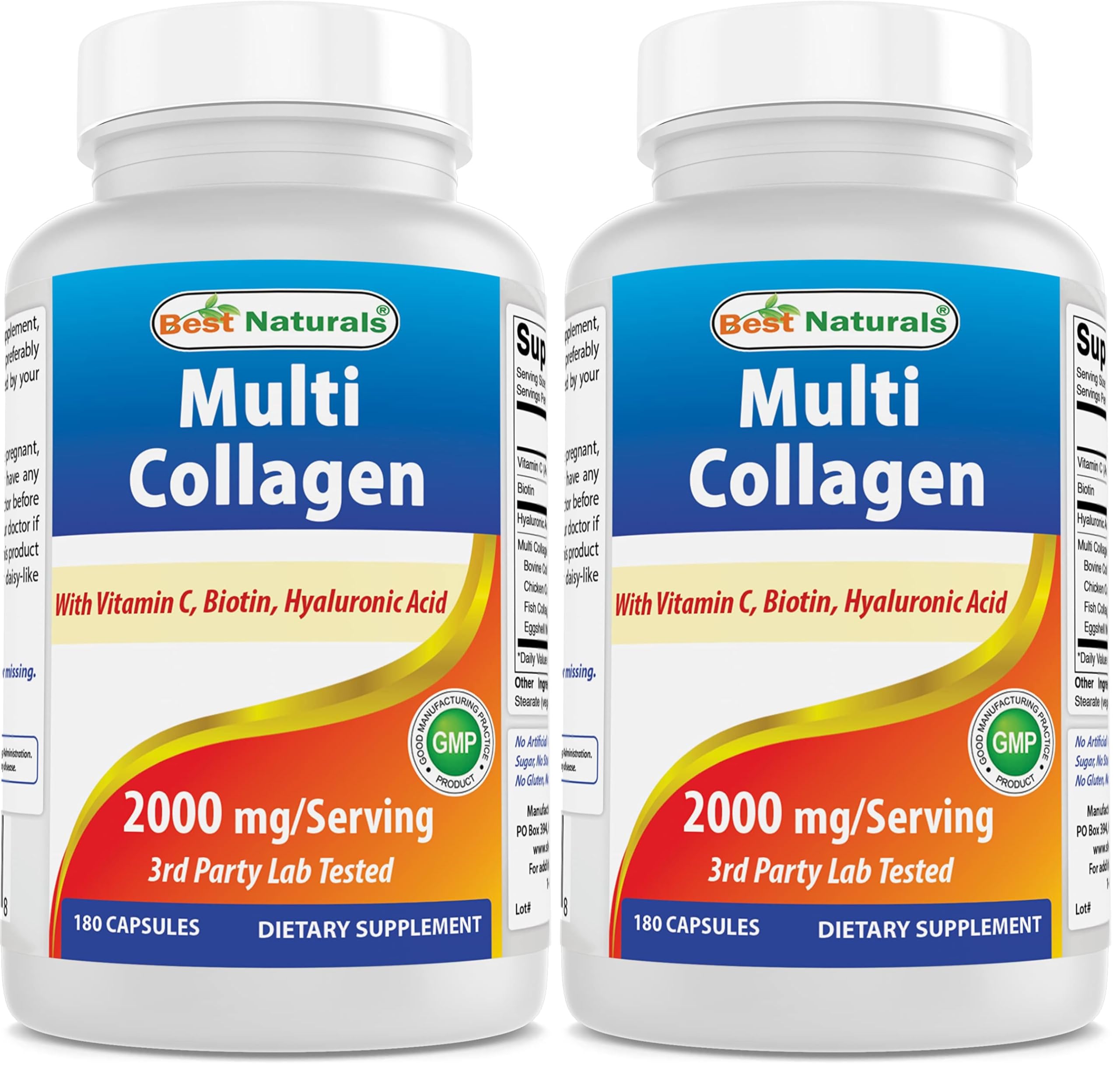 Best Naturals Multi Collagen Pills 2000mg for Women & Men - Hydrolyzed Collagen Peptides Capsules for Hair Skin and Nails with Types I II III V X, Biotin, Hyaluronic Acid & Vitamin C (Pack of 2) 180 Count (Pack of 2)