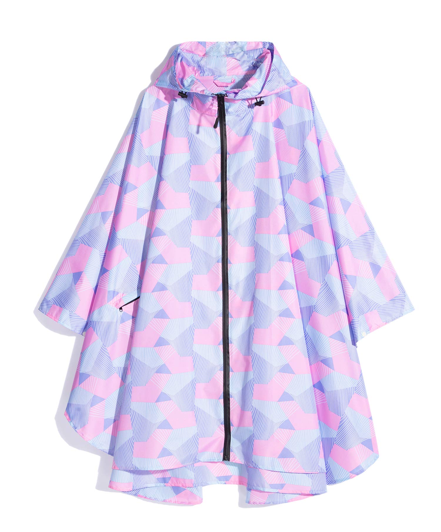 Freesmily Women's Rain Poncho Stylish Waterproof Raincoat with Hood Zip, Pink Geometry, One Size