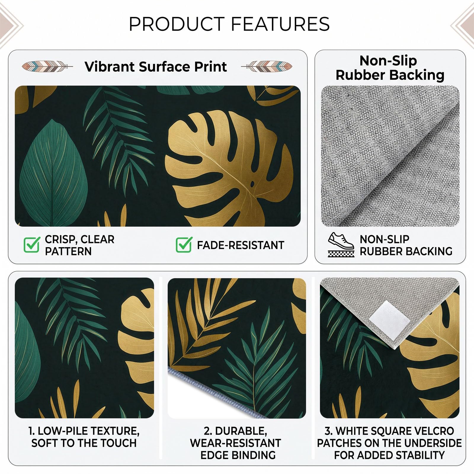 Générique Feuille De Palmier Tapis de Salon Lavable 140x200 cm， Tropical Noir Et Or - Antidérapant et Lavable en Machine - Poils Courts - Douce - pour Salon, Chambre ou Bureau