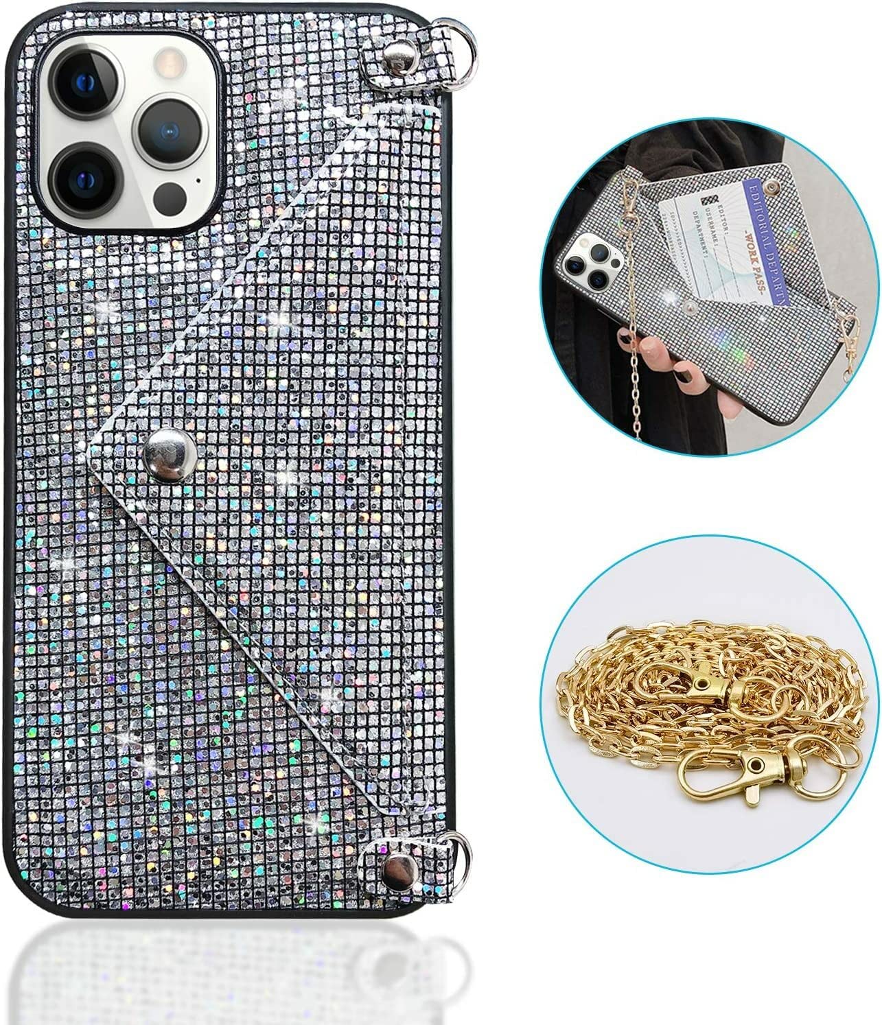 For IPhone 7 / 8 / SE 2020 / SE 2022 Case Bling Glitter Shiny Magnetic Closure Luxury PU Leather Rfid Blocking Wallet Card Holder Hand Strap Folio Kickstand F