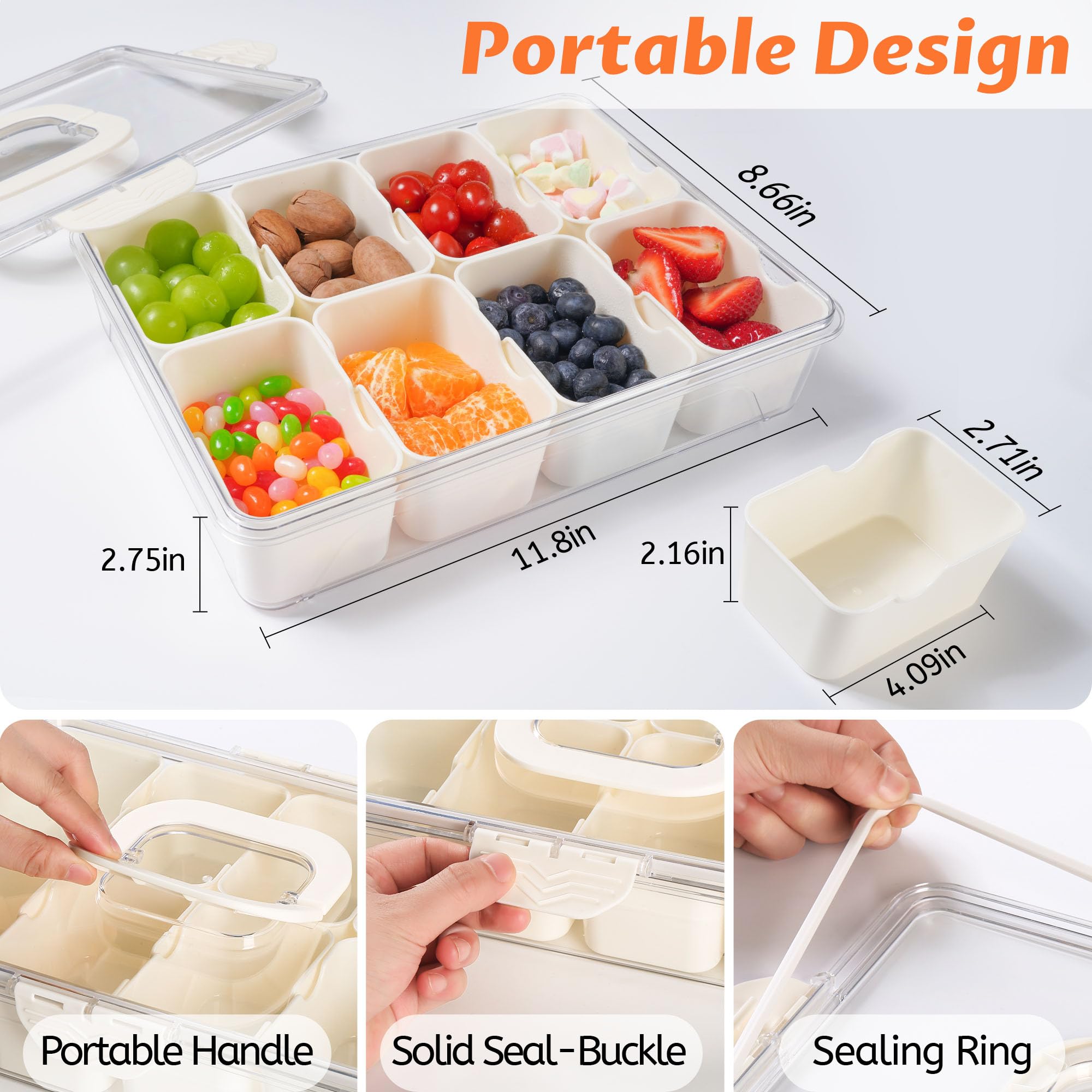 Recipiente para aperitivos – Bandeja dividida para servir con tapa y asa – Apto para lavavajillas, tabla de embutidos para platos portátiles de aperitivos – Organizador transparente para aperitivos de