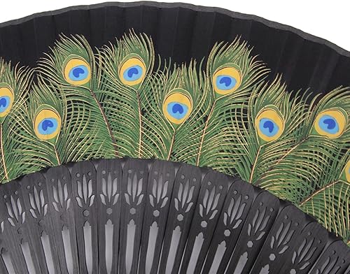 Miniatura 4 de Innolife Pavo real chino/japonés mano plegable ventilador bambú tallado marco seda artesanía ventilador (negro)