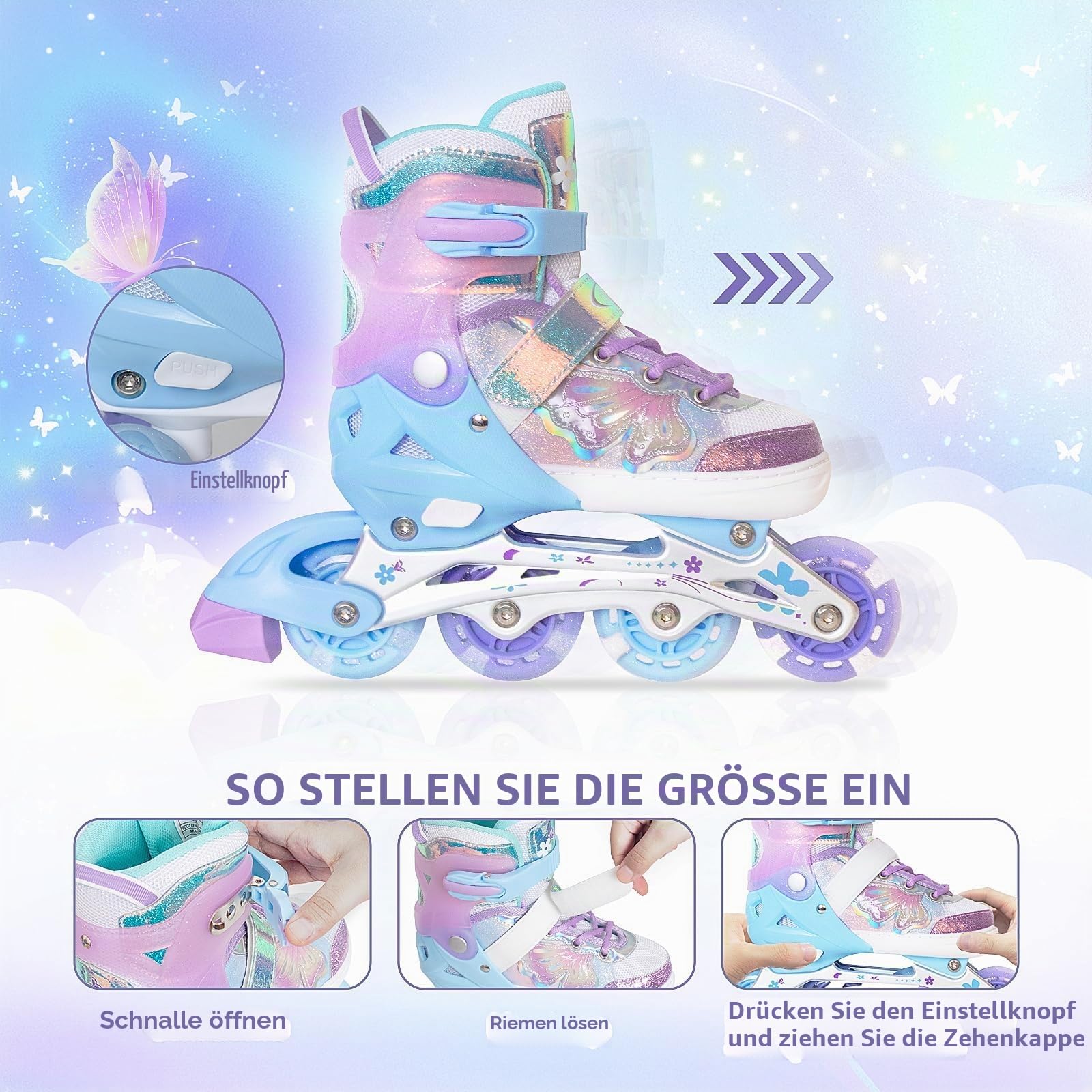 Nattork Kinder Inliner für Mädchen, 4 Größen Verstellbare Inline Skates, Schmetterling Inline Rollschuhe für Mädchen