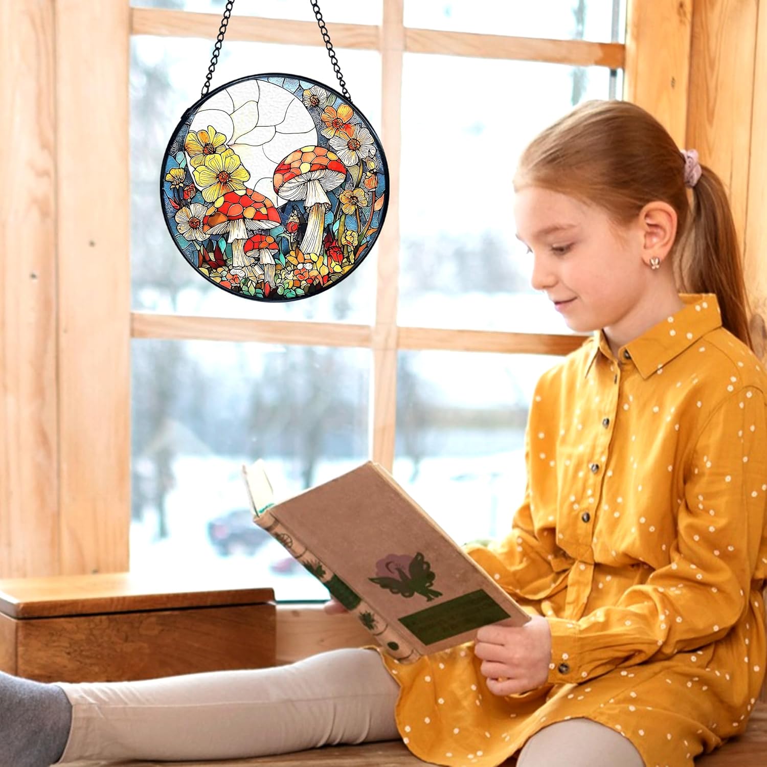 kdqua Mushroom Flower Suncatcher Stained Glass Window Hanging, Full Moon Mushroom Sun Catchers Indoor Window Glass Round Wall Decor, Cottagecore Wall Art Hanging Decorations Statues, 7.9x7.9in - Image 4