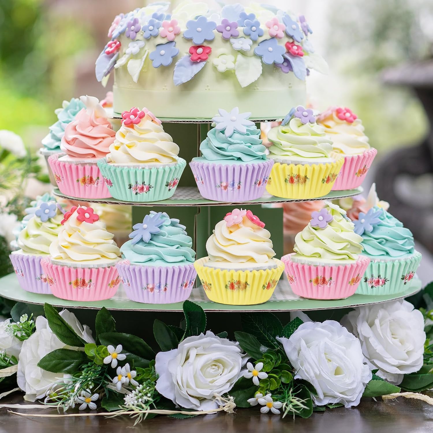 JarThenaAMCS 300 Pcs Floral Cupcake Liner Spring Tea Party Paper Baking Cups Wrapper Decorative Watercolor Flower Disposable Muffin Liners for Wedding Baby Bridal Shower Birthday Party Decor