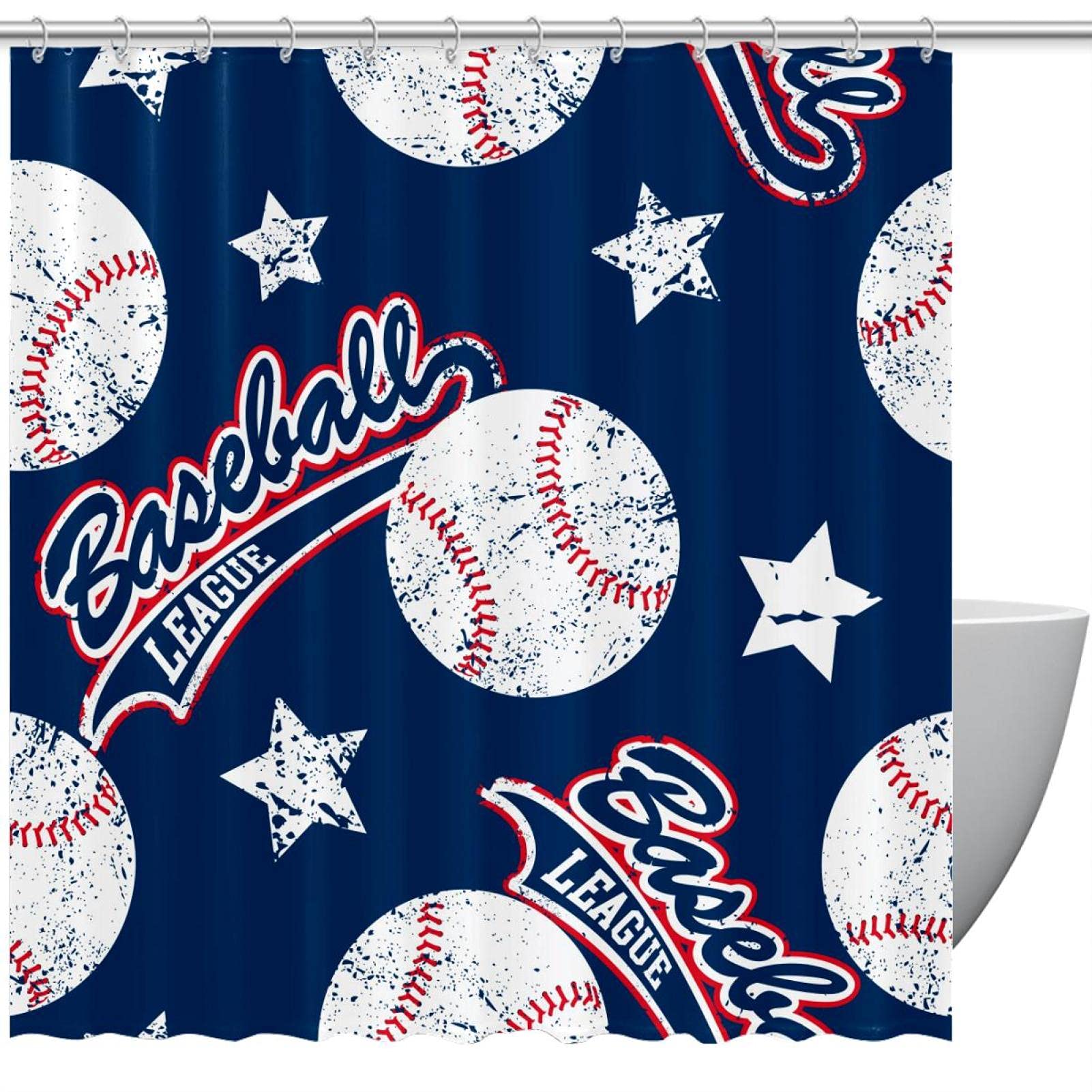 Rideau de douche baseball bleu avec crochets pour salle de bain sport