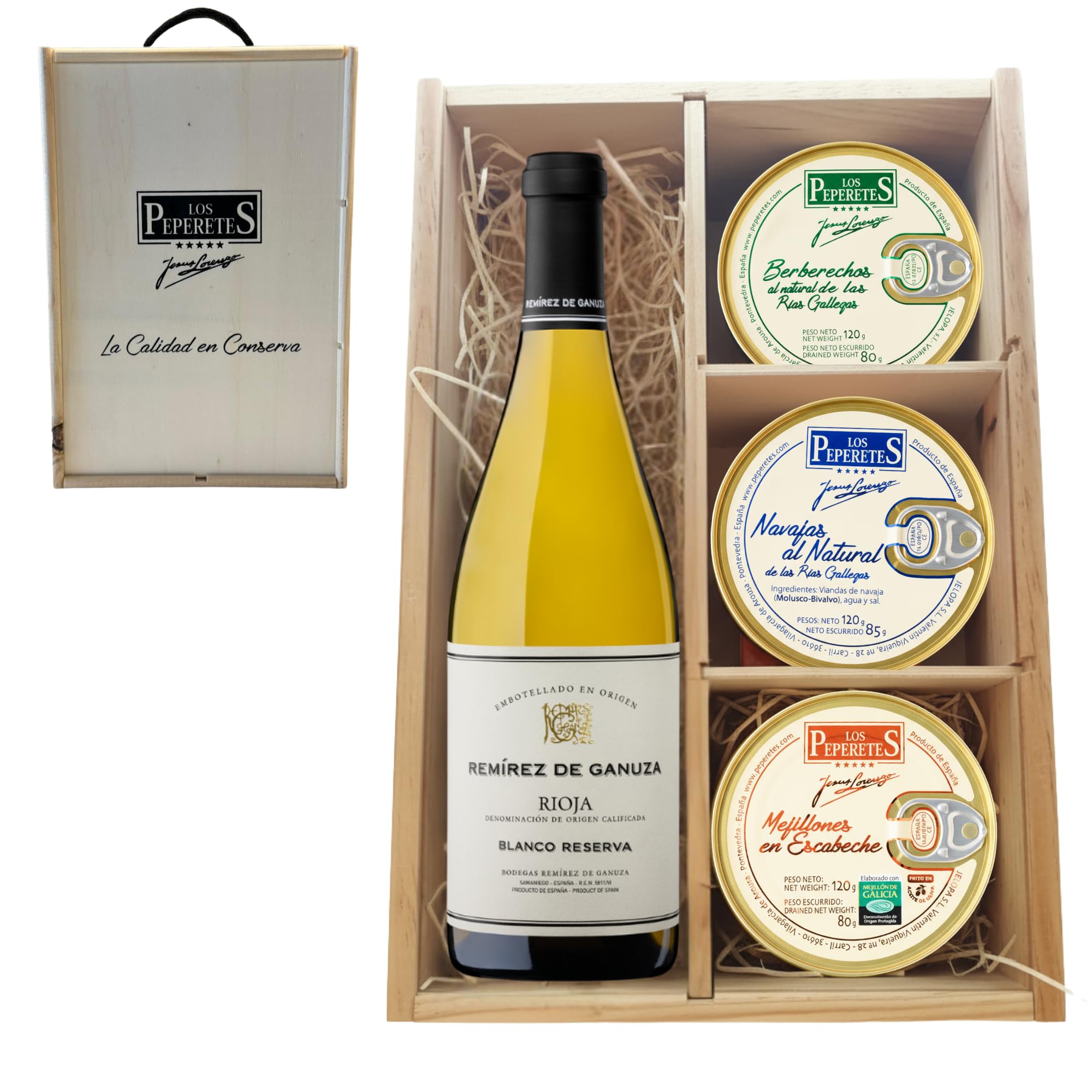 LOS PEPERETES Pack Gourmet Marisco Gallego + Vino Blanco Remírez de Ganuza | Berberechos al Natural ×2 · Navajas al Natural ×2 · Mejillones en Escabeche ×2 | Delicia Artesanal
