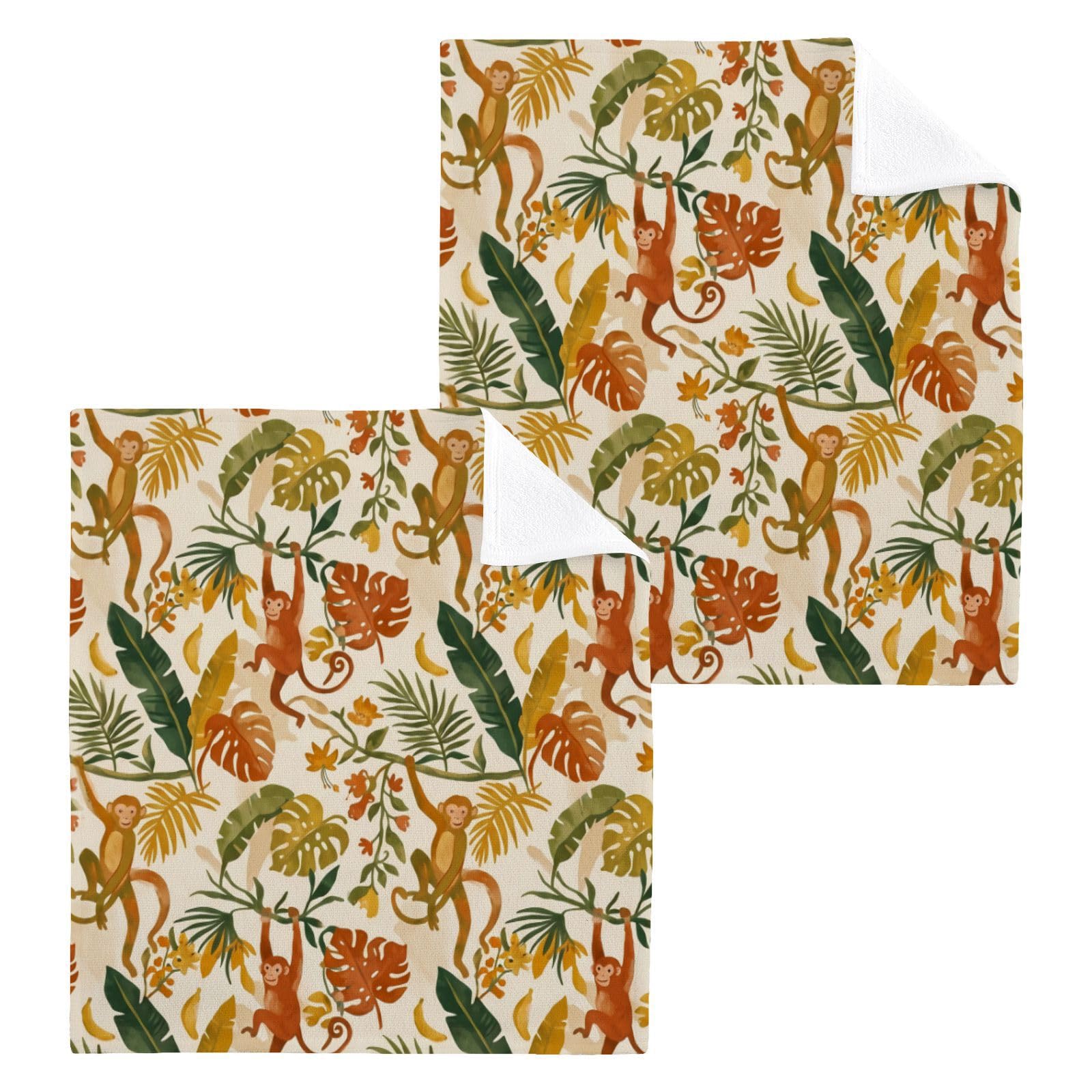 BOESI Watercolor Tropical Monkey 12x12in Cotton Washcloth,Face Towel
