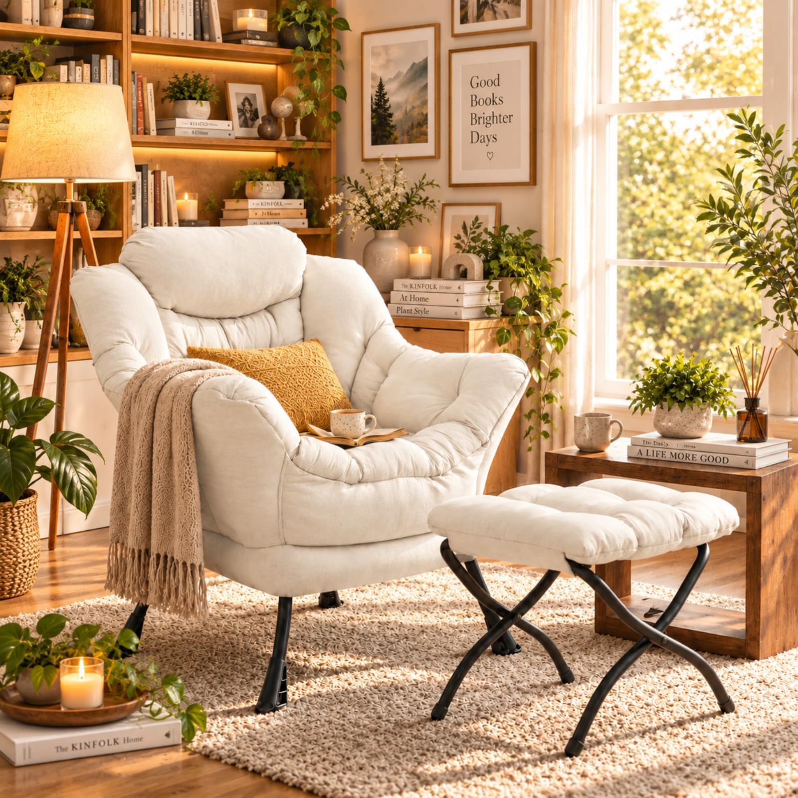 Clevich Arm Chair with Footstool, Lazy Chair Lounge Reading with PP Cotton