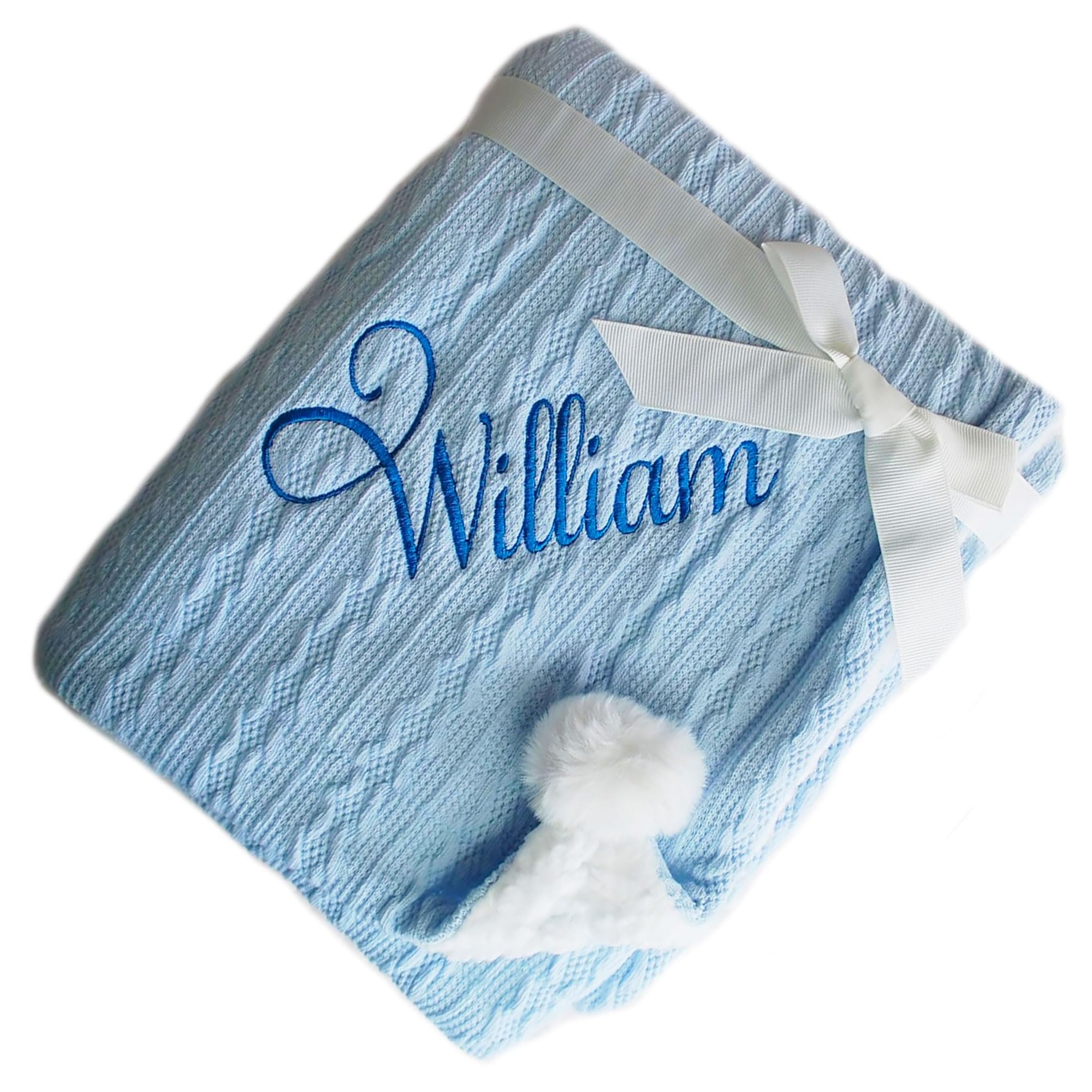 inspired creative design Personalised Baby Blanket, New Born Baby Gift, Personalised Blanket, Baby Girl Gift, Baby Boys Gifts, New Born Baby Gift, Sherpa Blanket with pom poms (Baby Blue)