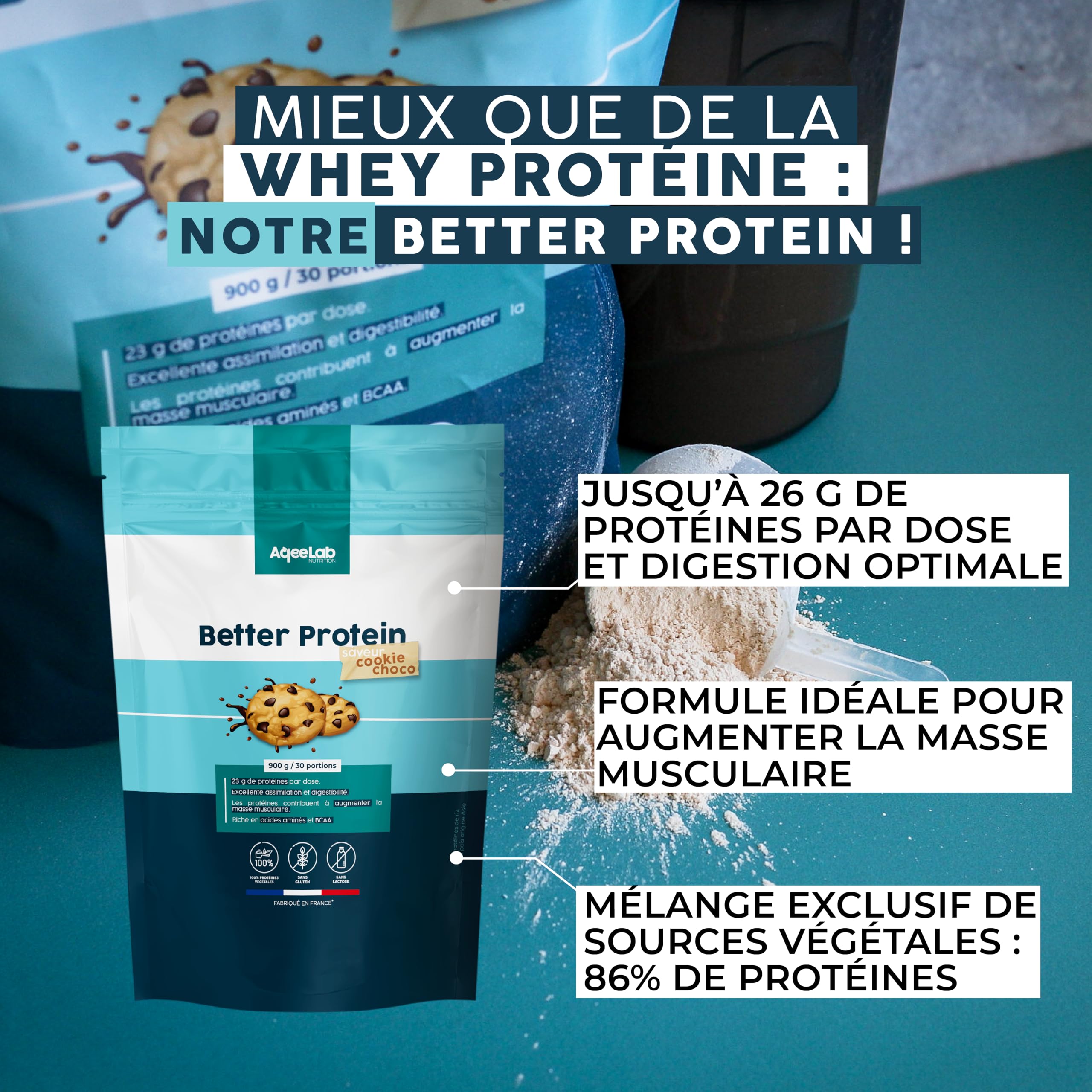 Whey Vegan • Saveur Neutre 900 g • Better Protein • 100% Végétales : assimilation & digestion maximales • Meilleur apport en Protéine • Testé en laboratoire • Made in FR • Eco-responsable • Aqeelab