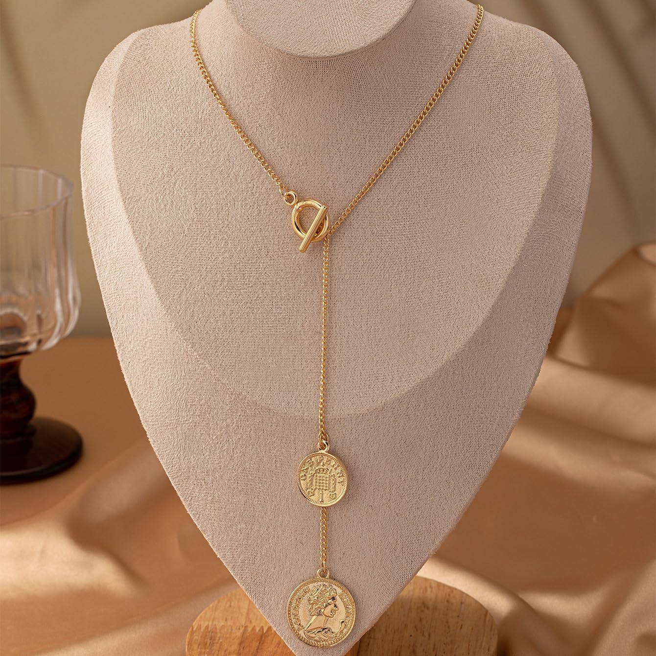Gold Y Shaped Necklace for Women Trendy Coin Disc Long Chain Pendant Necklace Bohemian Style Coin Disc Ot Toggle Clasp Necklace Minimalist Statement Necklace Fashion Jewelry - Image 6